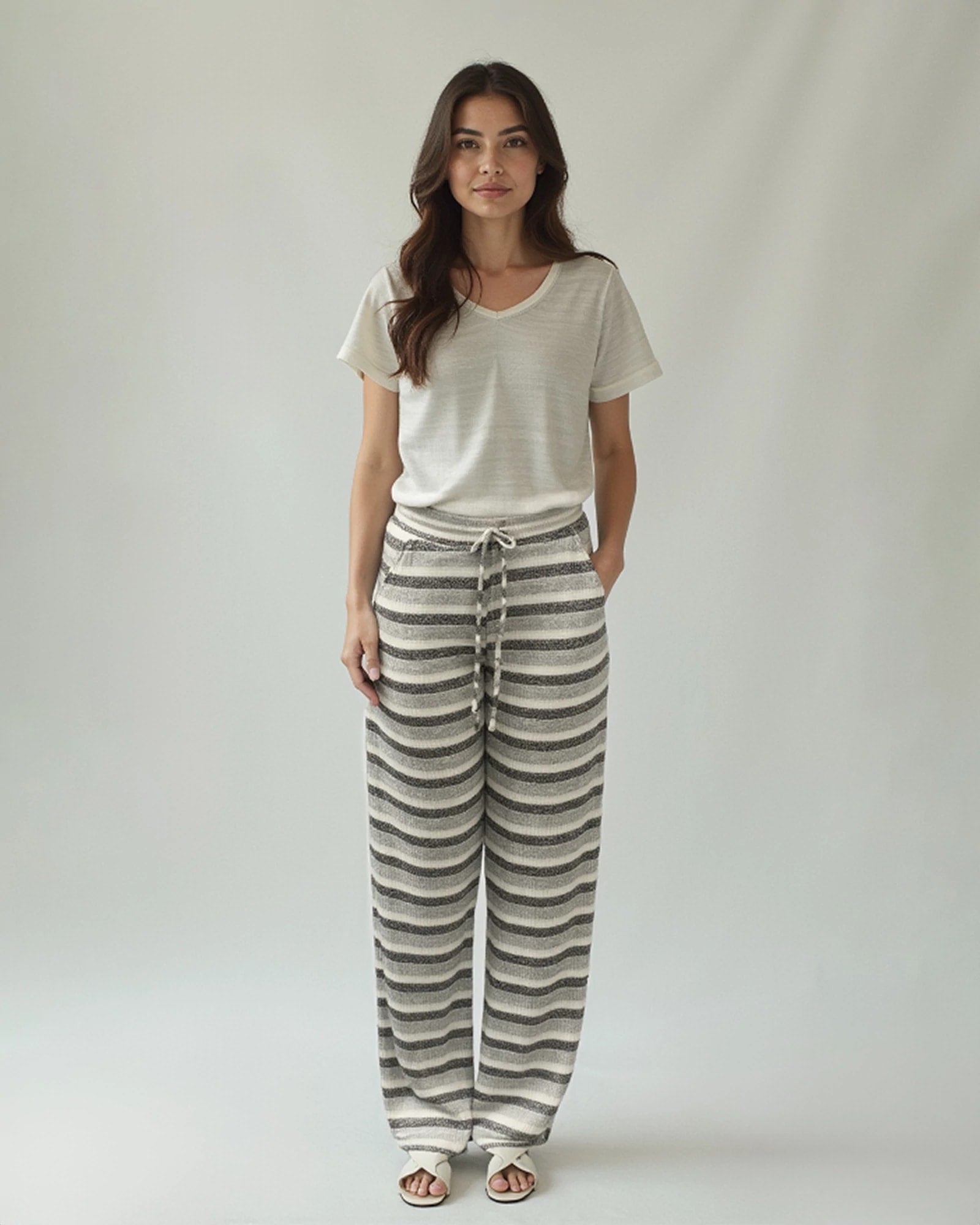 Grey Tonal Stripe $|& Astrologie Wide Leg Draw String Pant - VOF Detail