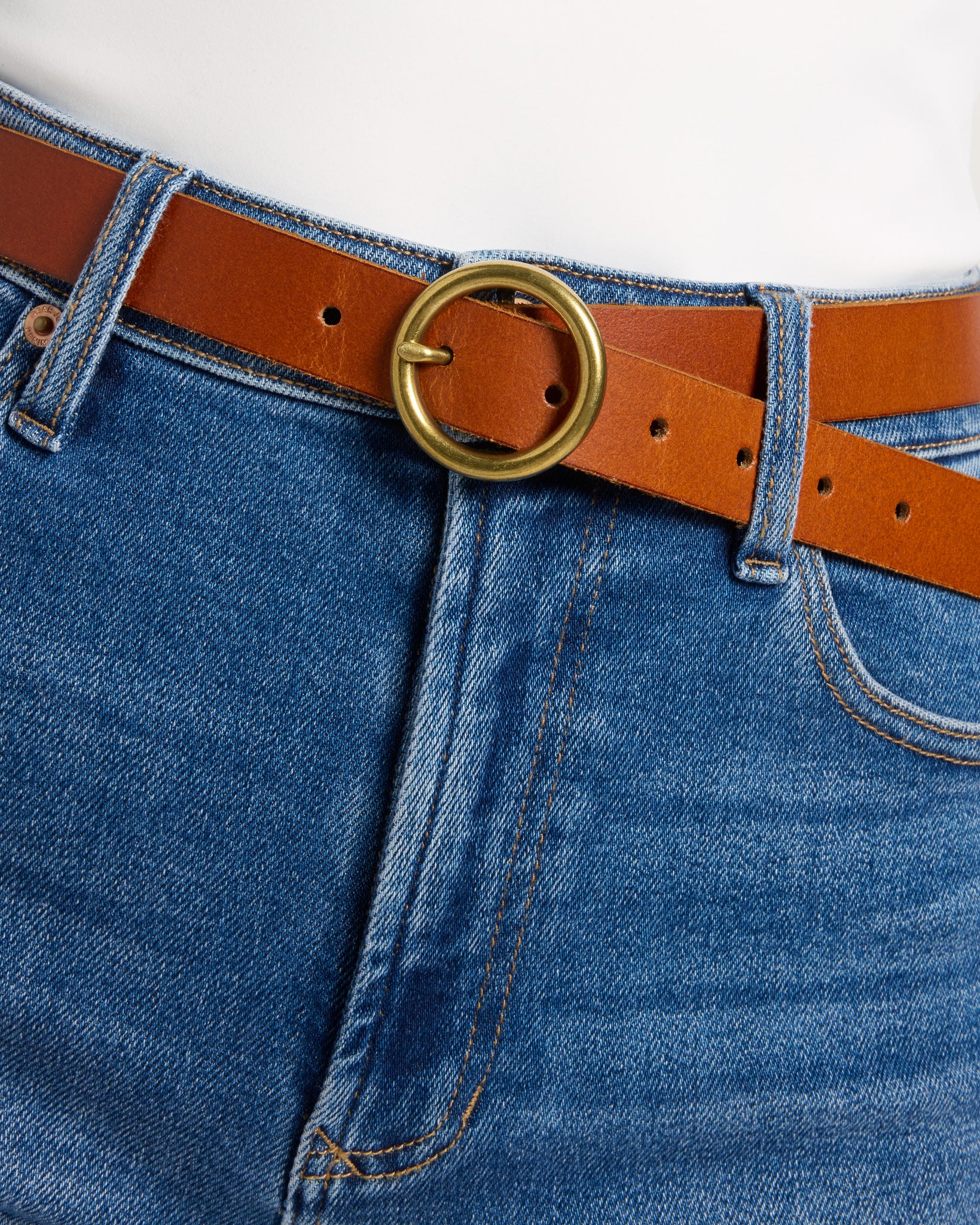 Tan $|& Most Wanted USA Brass Toned Circle Buckle Leather Belt - SOF Full Front