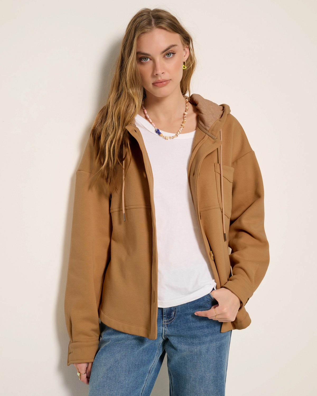 Heather Cafe $|& SEAS Upstate Hooded Shacket - SOF Front