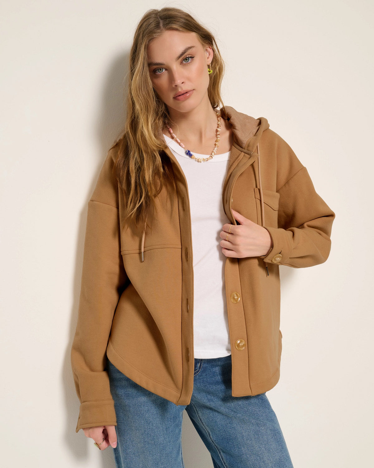 Heather Cafe $|& SEAS Upstate Hooded Shacket - SOF Full Front