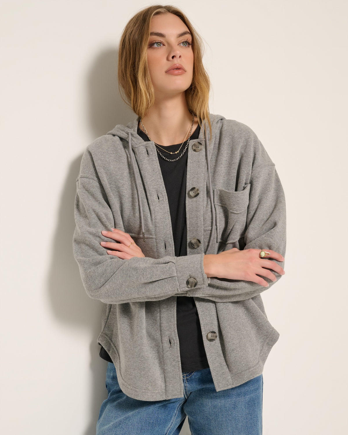 Heather Grey $|& SEAS Upstate Hooded Shacket - VOF Front