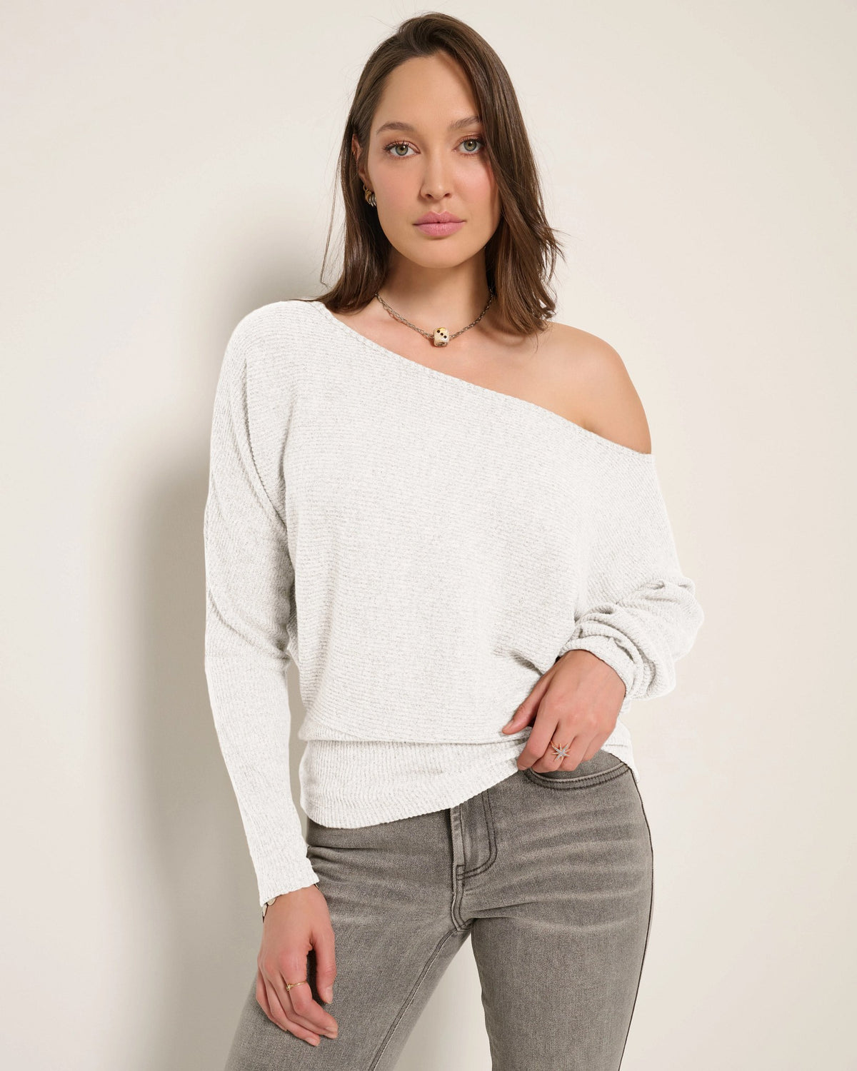 Heather Cream $|& SEAS Mackenzie Off Shoulder Top - SOF Front
