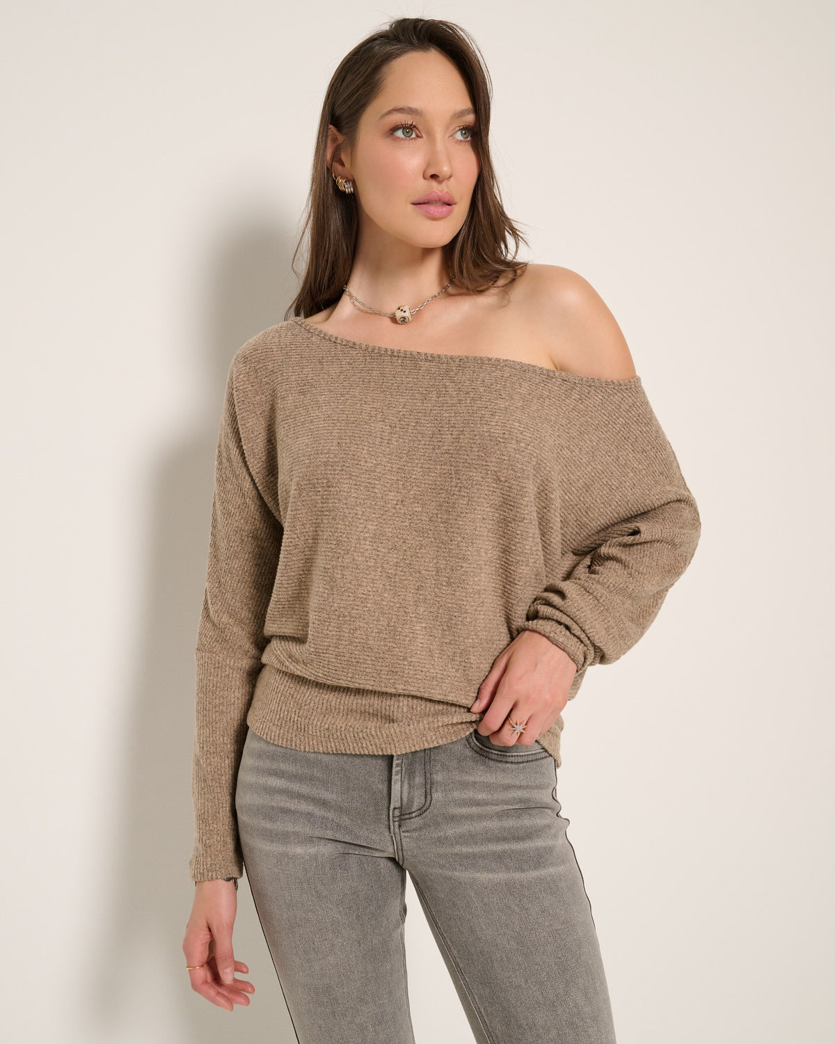 Heather Dark Camel $|& SEAS Mackenzie Off Shoulder Top - SOF Front
