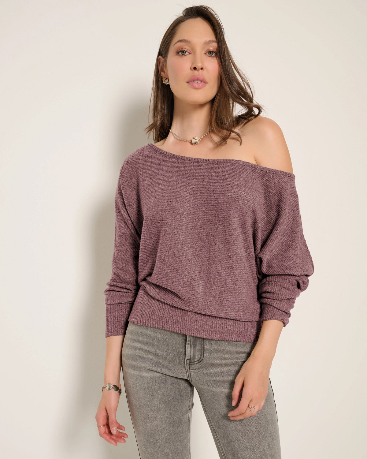 Heather Purple $|& SEAS Mackenzie Off Shoulder Top - SOF Front