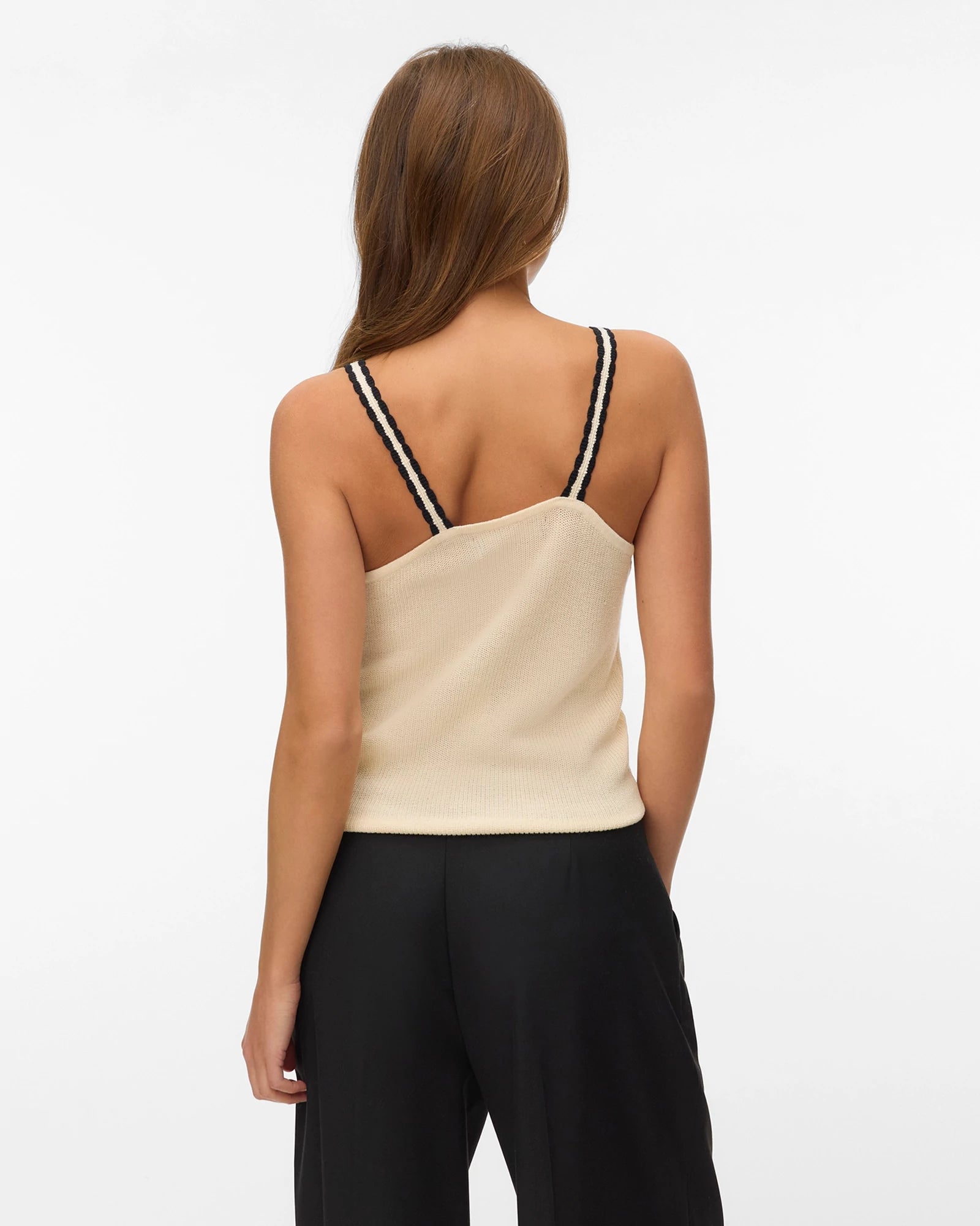 Birch w/ Black $|& Vero Moda Contrast V-Neck Sweater Tank - Hanger Side