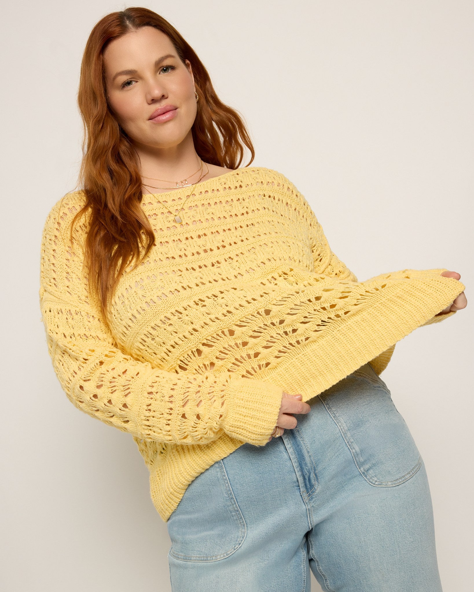 Butter $|& SEAS Sage Off Shoulder Pointelle Sweater - SOF Front