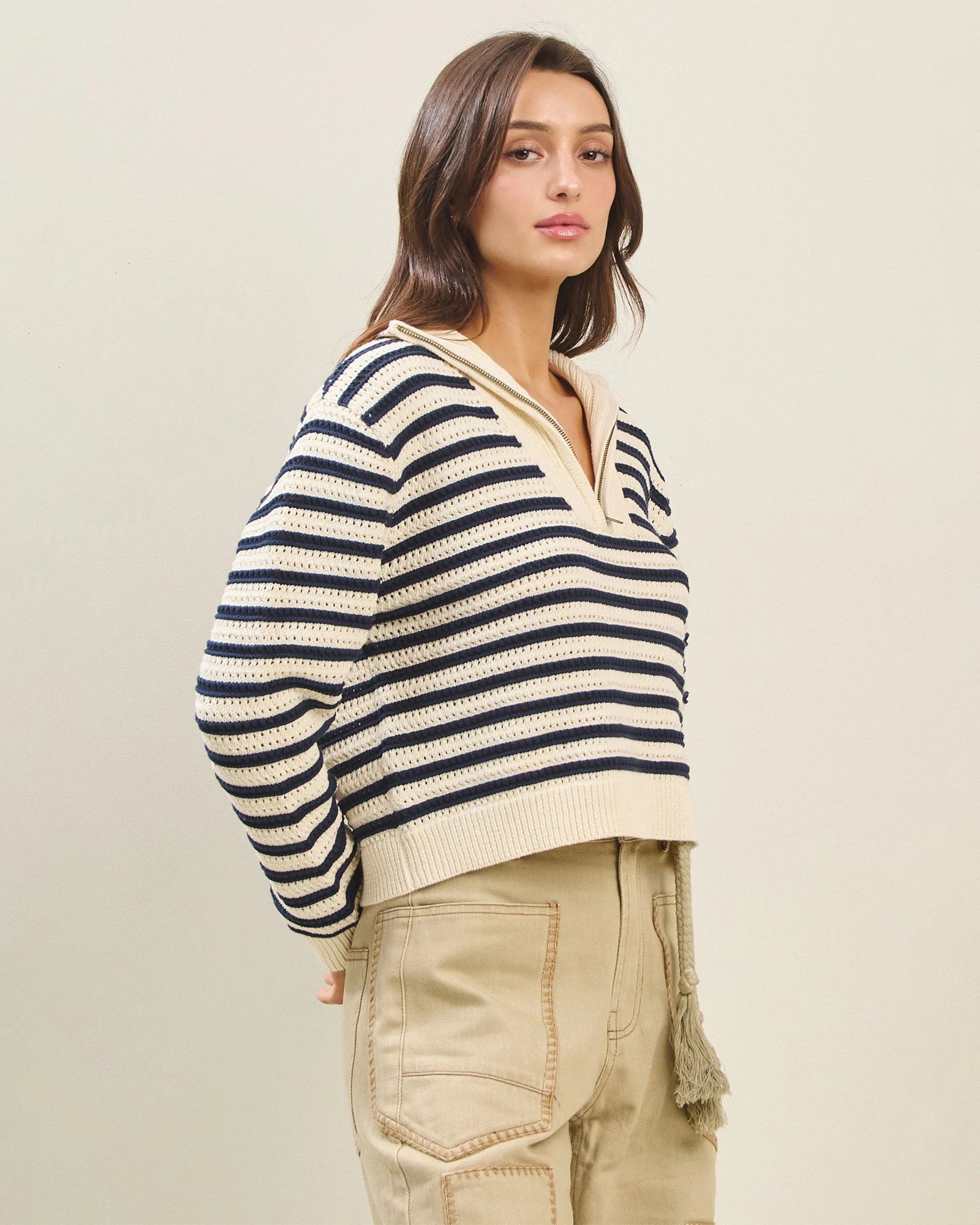 Cream-Black $|& ABLE Stripe Quarter Zip Pullover - Hanger Front