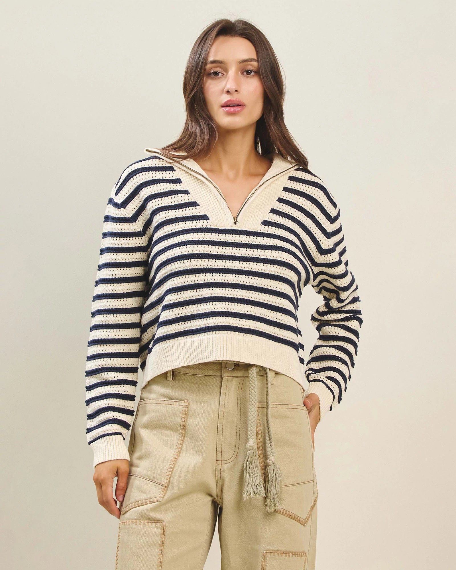 Cream-Black $|& ABLE Stripe Quarter Zip Pullover - VOF Detail