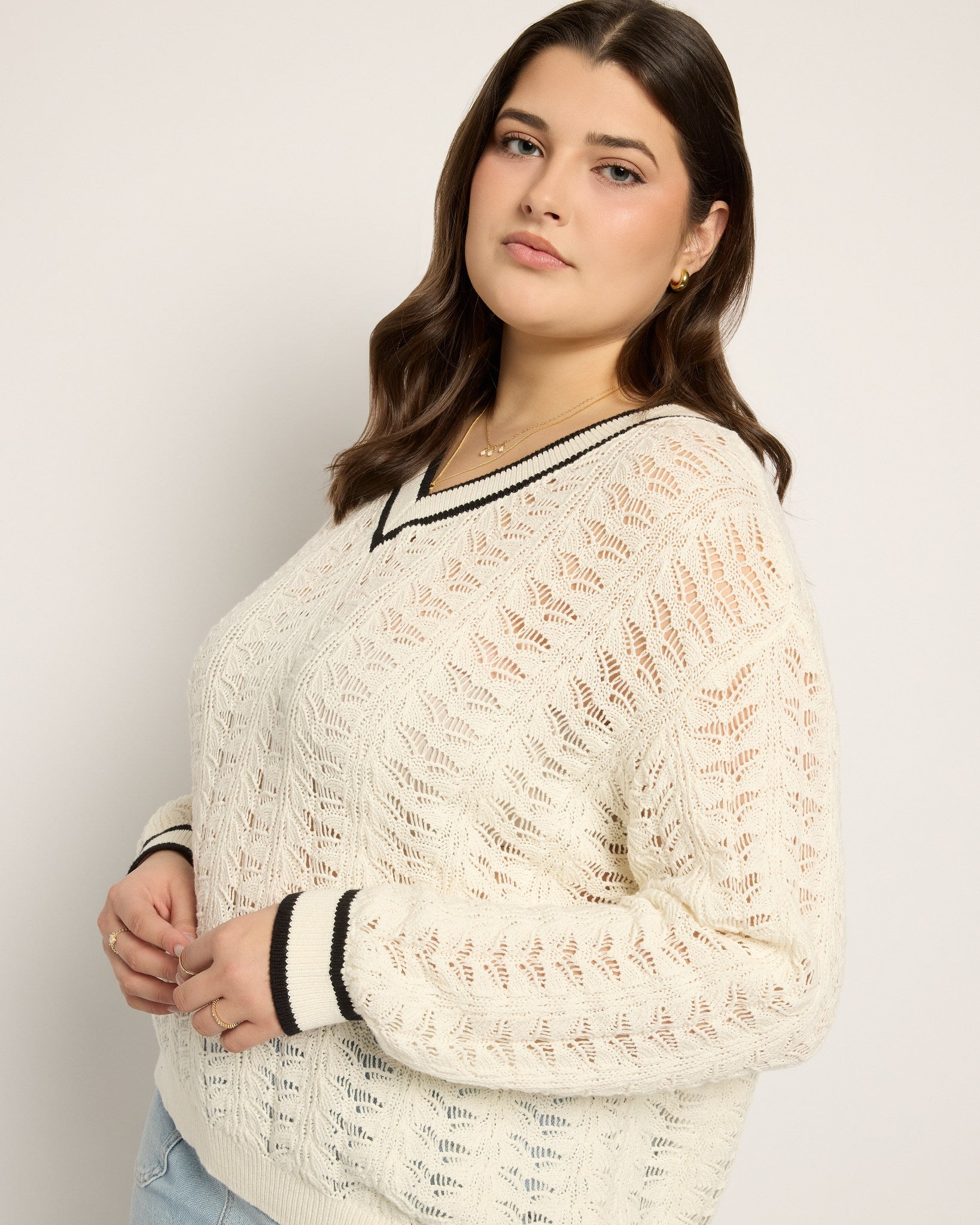 White $|& SEAS Sandyshores Pointelle V-Neck Sweater - VOF Front