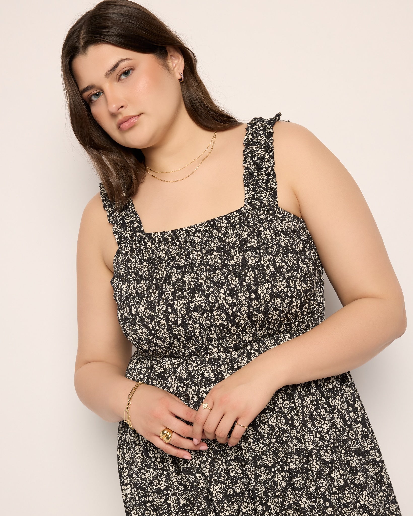 Black Floral $|& SEAS Westbreeze Printed Smocked Maxi Dress - SOF Full Front