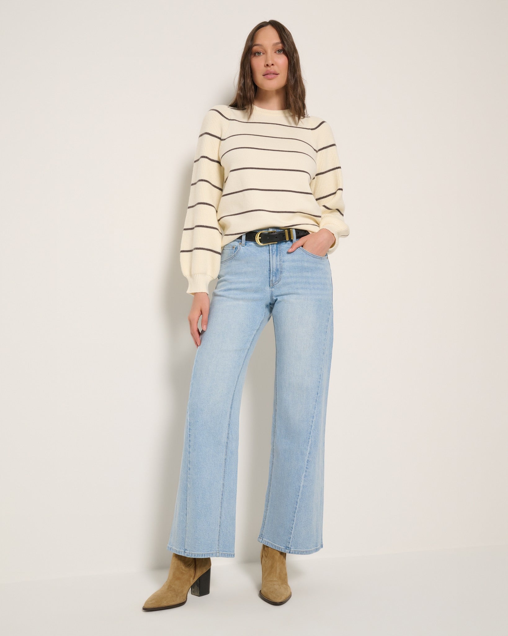 Cream $|& SEAS Striped Pacific Puff Shoulder Crew Neck Sweater - UGC On Fig