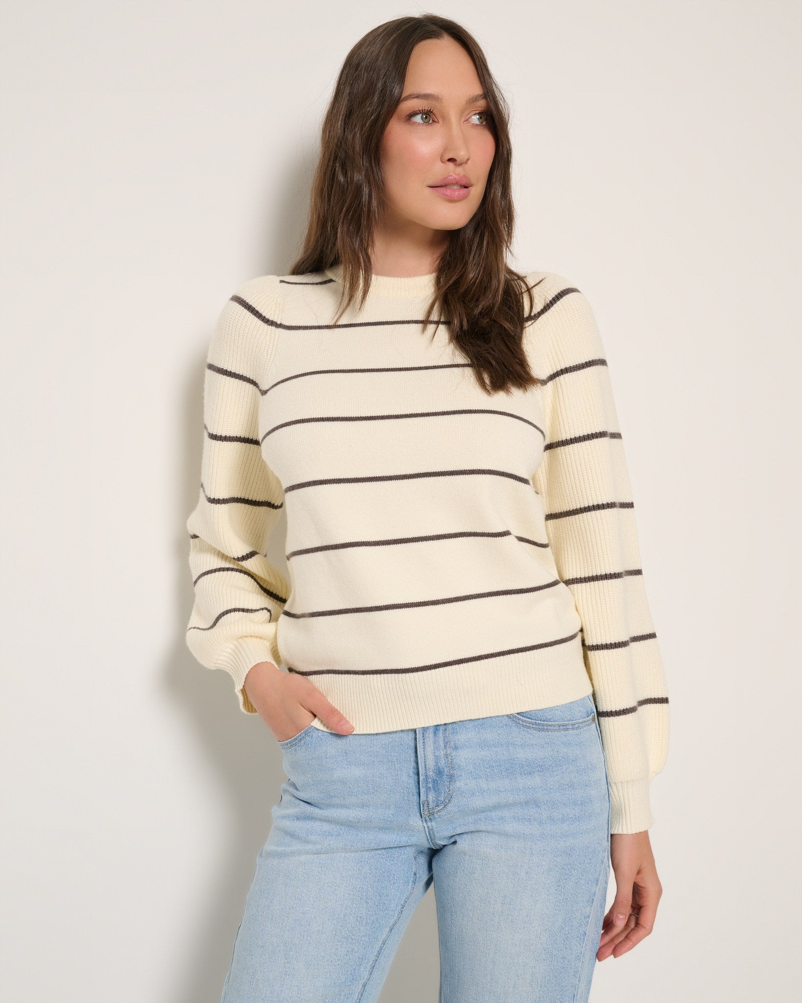 Cream $|& SEAS Striped Pacific Puff Shoulder Crew Neck Sweater - SOF Front