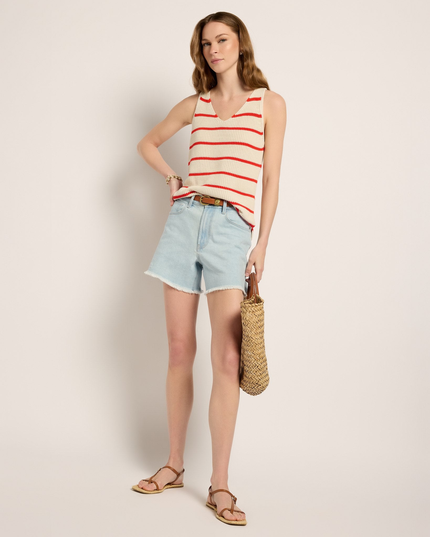 Cream/Red Stripe $|& SEAS Coastal V-Neck Stripe Sweater Tank - SOF Full Front