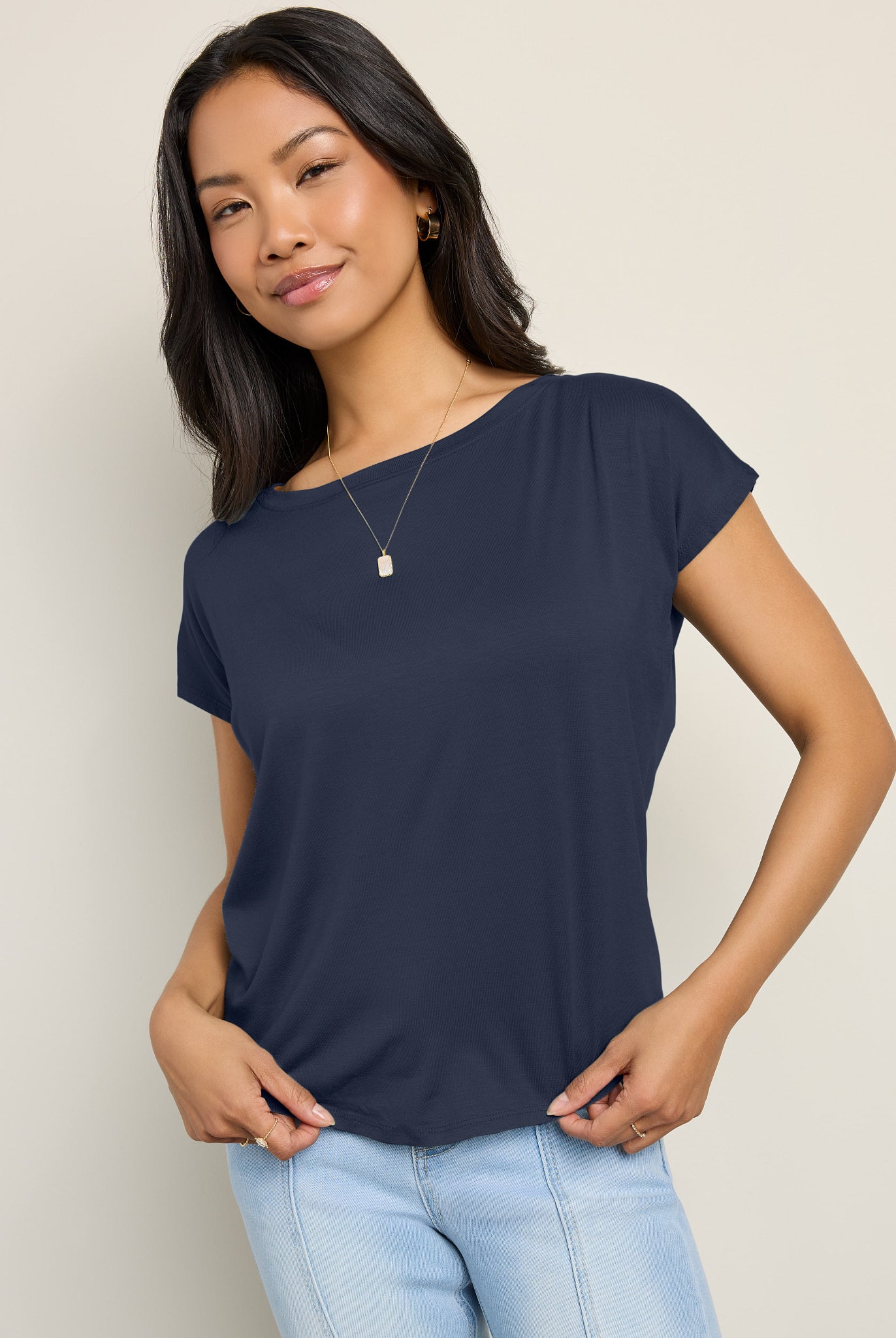Navy Blazer $|& SEAS Edgewater Off The Shoulder Tee - SOF Front