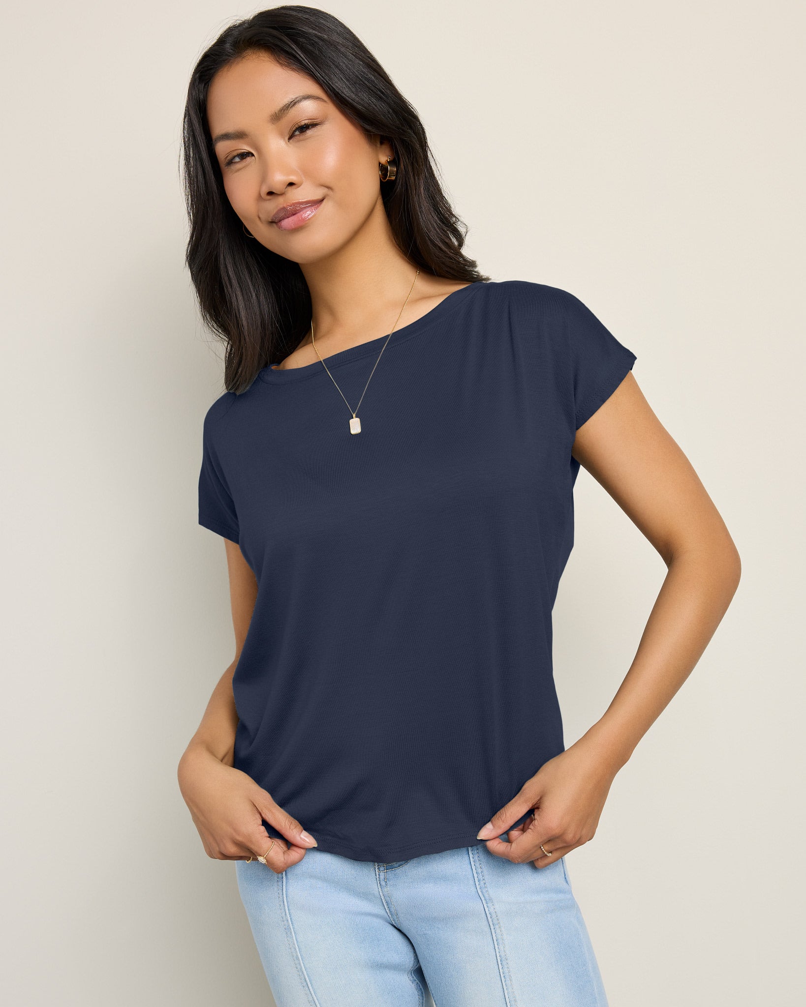 Navy Blazer $|& SEAS Edgewater Off The Shoulder Tee - SOF Front