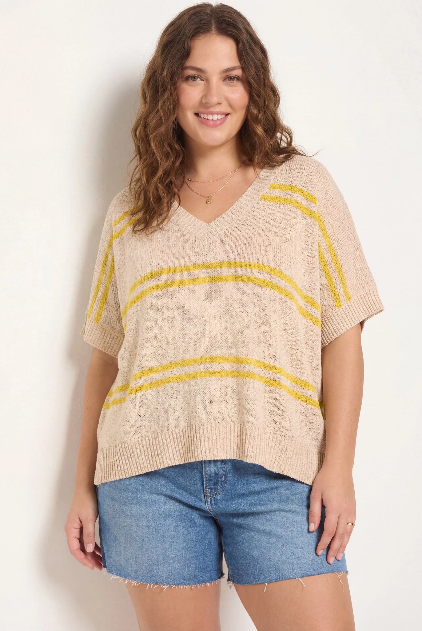 Birch Stripe $|& SEAS Wavetide Stripe V-Neck Sweater Tee - VOF Detail