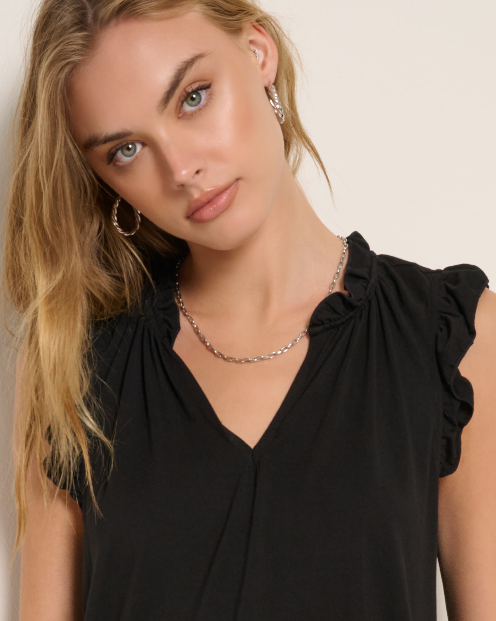 Black $|& SEAS Macy Ruffle Knit Top - SOF Full Front