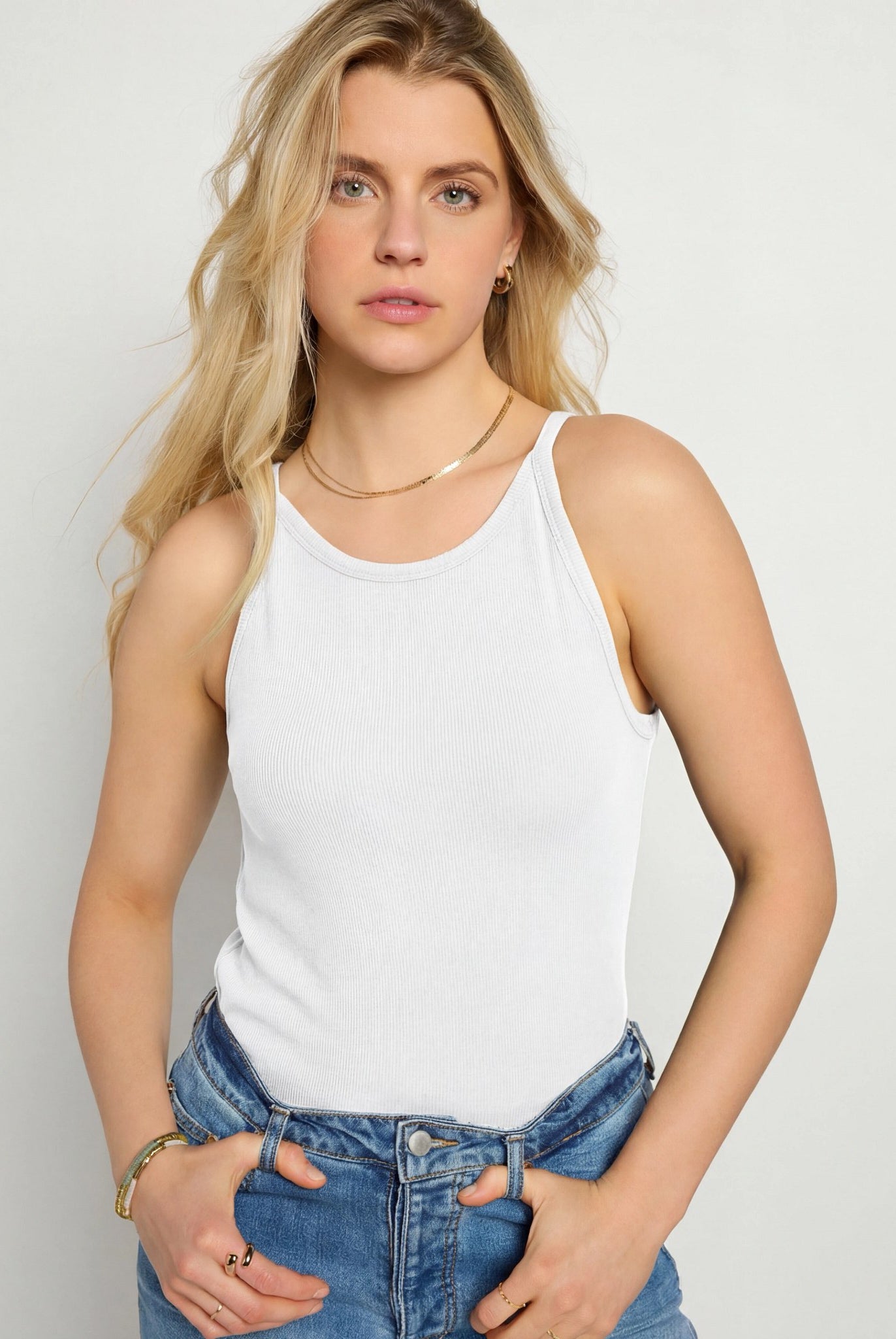 White $|& SEAS Laurel Ribbed Shelf Bra Tank - SOF Front