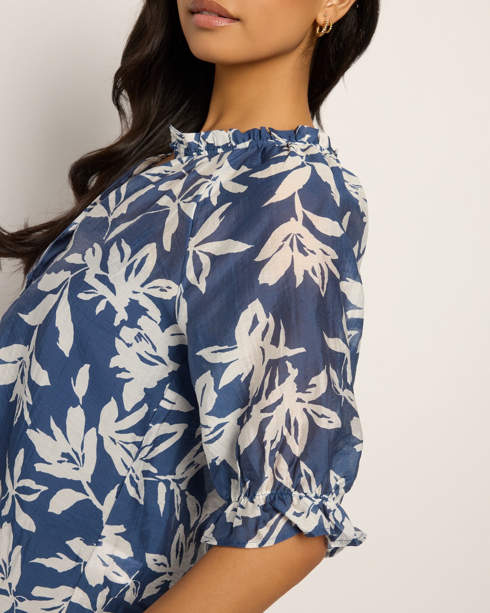 Blue/Ivory Floral $|& Bobeau Floral Ruffle Neck Button Up Top - SOF Full Front