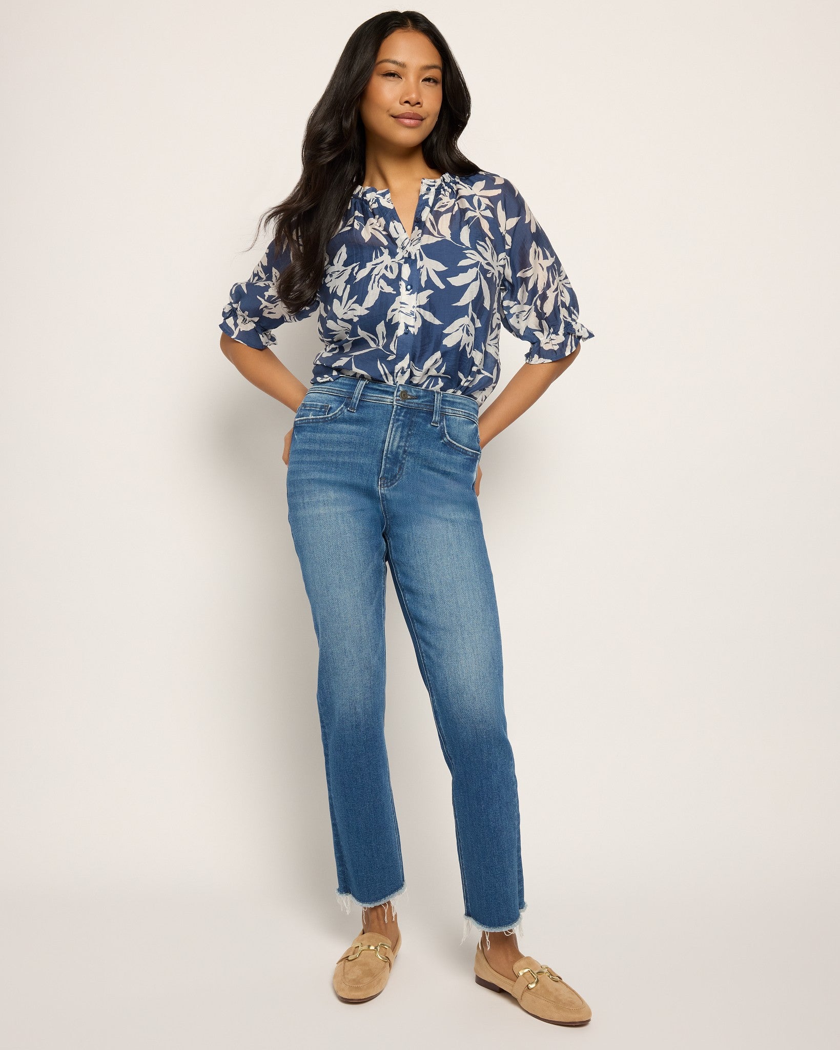 Blue/Ivory Floral $|& Bobeau Floral Ruffle Neck Button Up Top - UGC On Fig