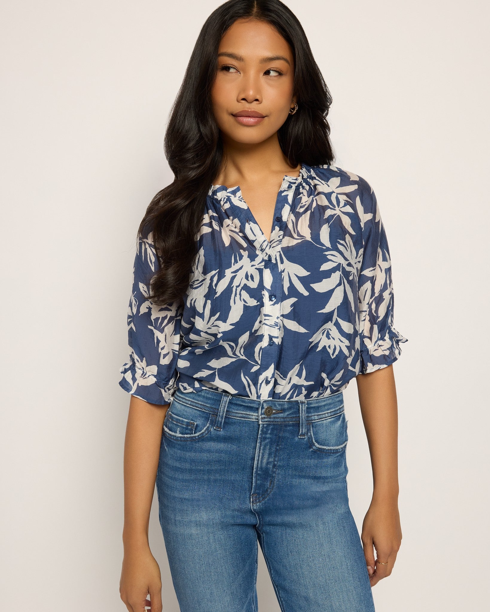 Blue/Ivory Floral $|& Bobeau Floral Ruffle Neck Button Up Top - SOF Front