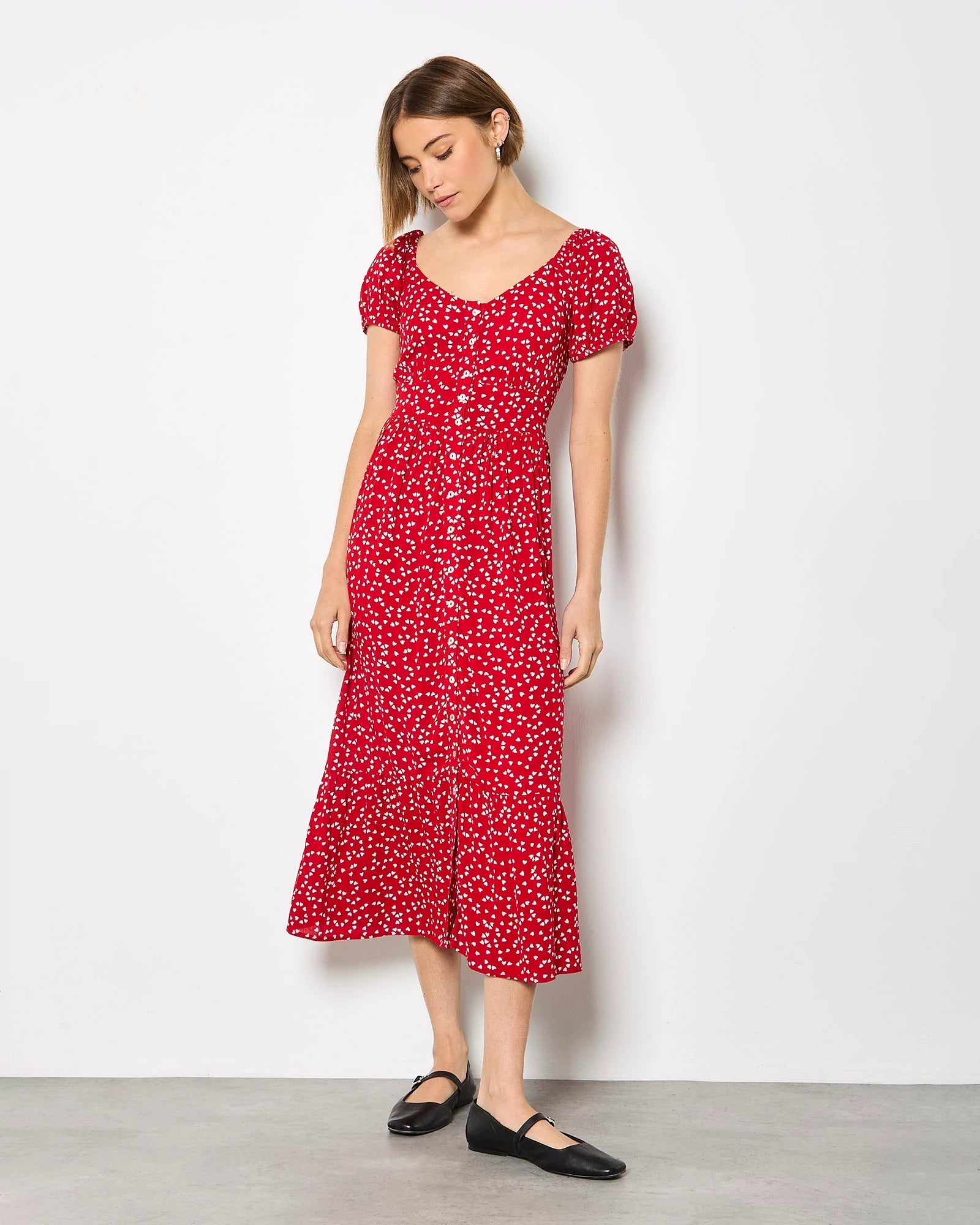 Red $|& Apricot Mini Heart Button Front Midi Dress - VOF Detail