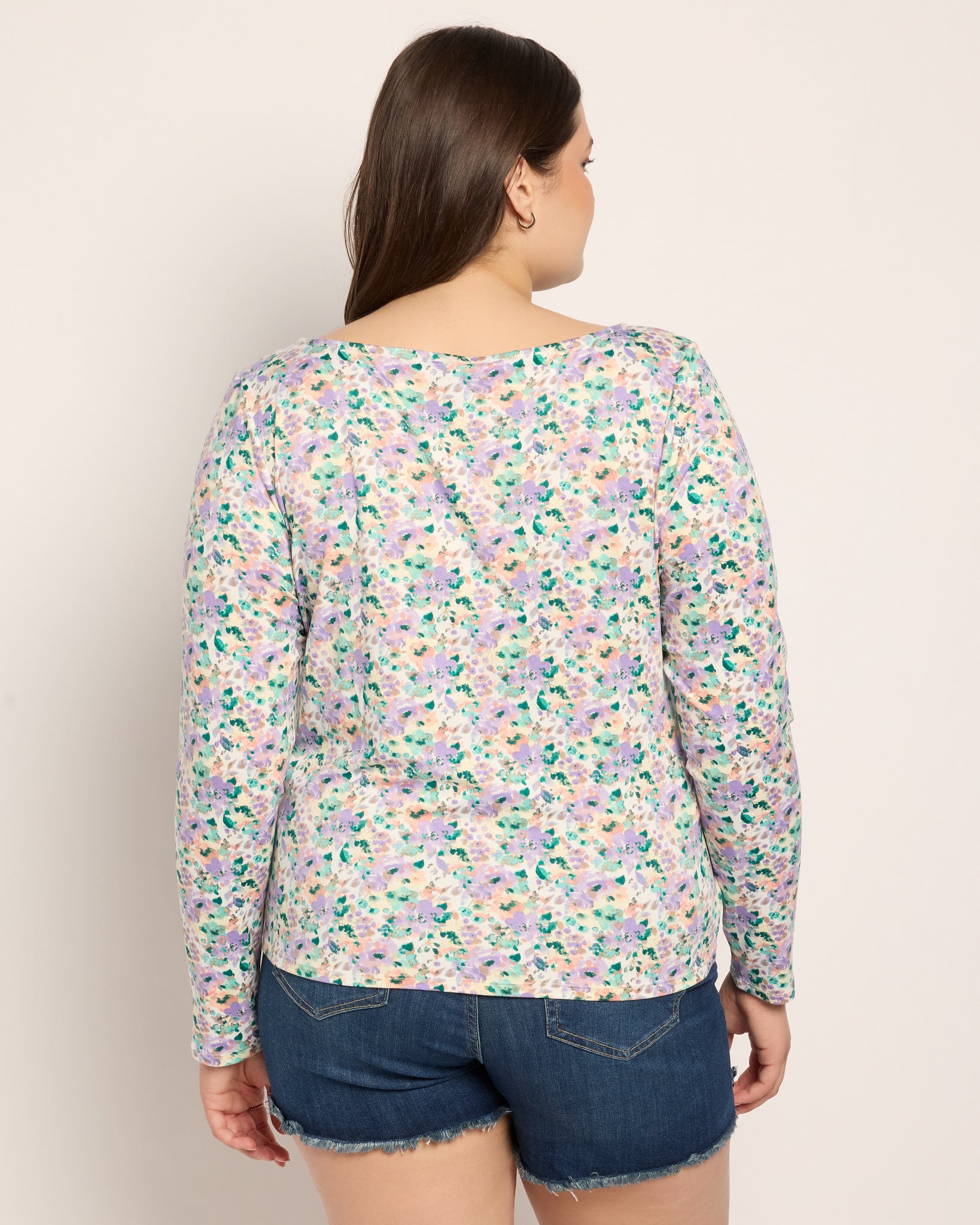 Purple/Peach Floral $|& Bobeau Brushed DTY Boat Neck Long Sleeve Top - SOF Back