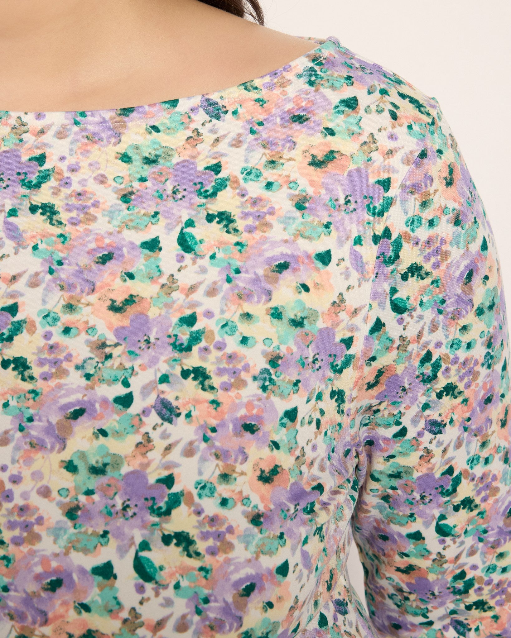 Purple/Peach Floral $|& Bobeau Brushed DTY Boat Neck Long Sleeve Top - SOF Full Front