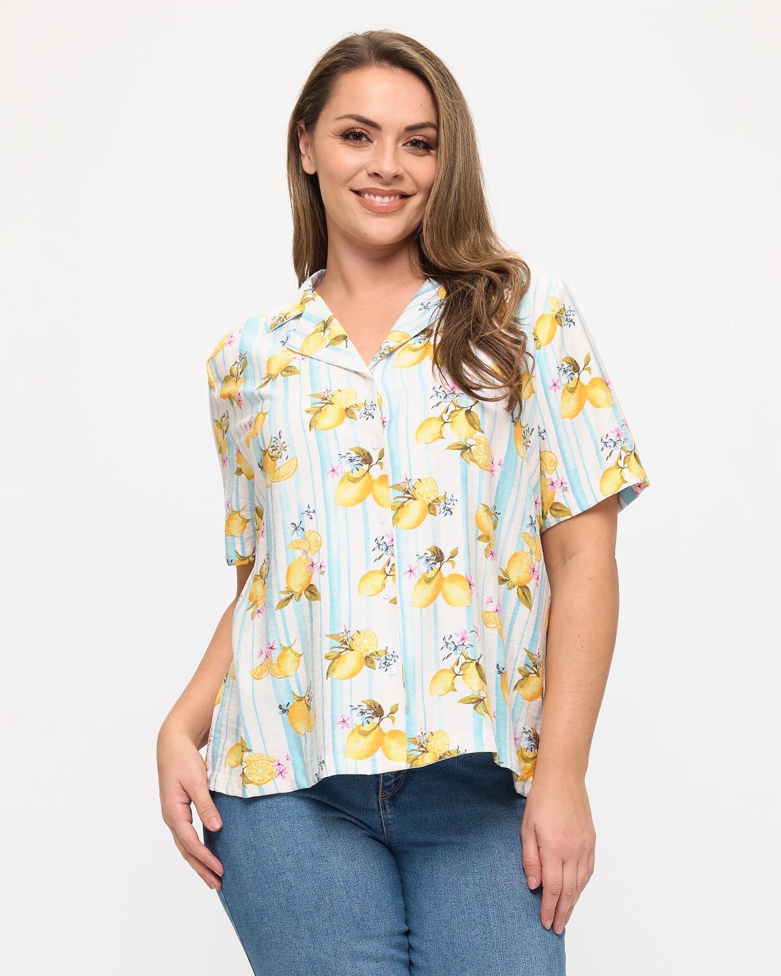 Lemon Multi $|& West Kei Short Sleeve Button Front Top - VOF Detail