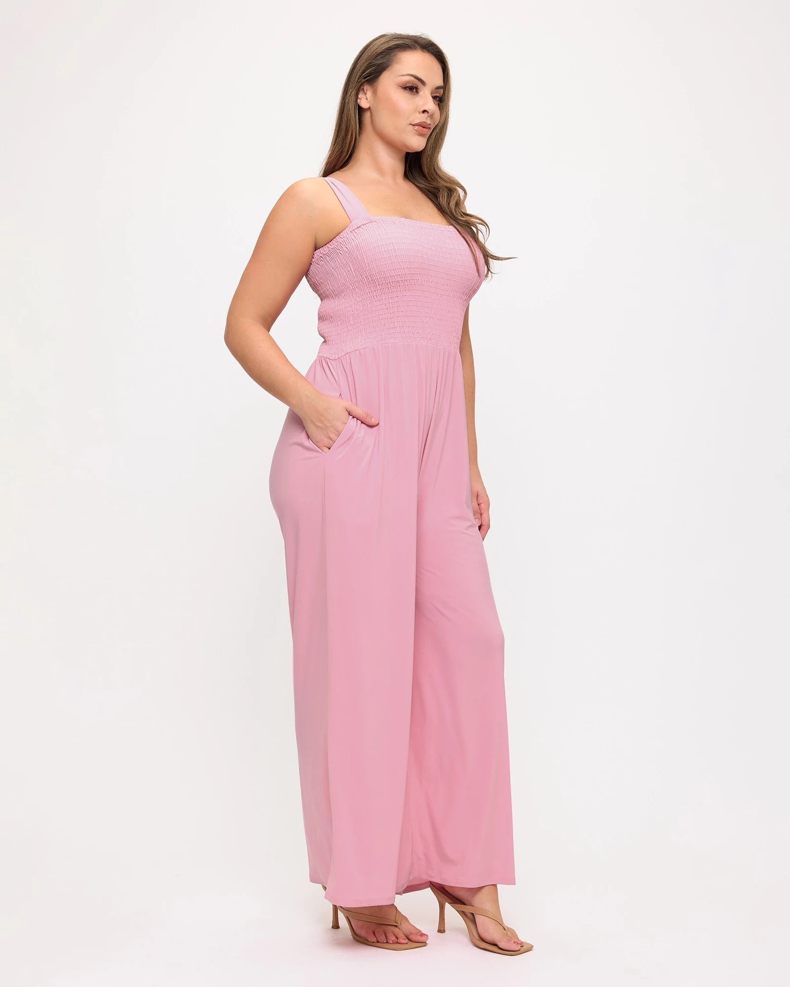 Pink $|& West Kei Smocked Wide Leg Jumpsuit - Hanger Front