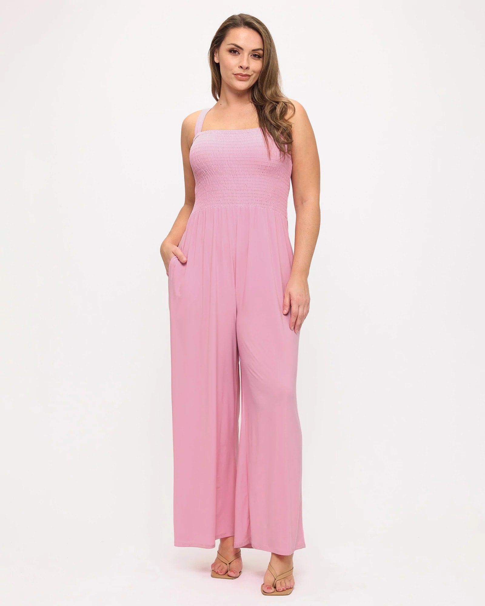 Pink $|& West Kei Smocked Wide Leg Jumpsuit - VOF Detail
