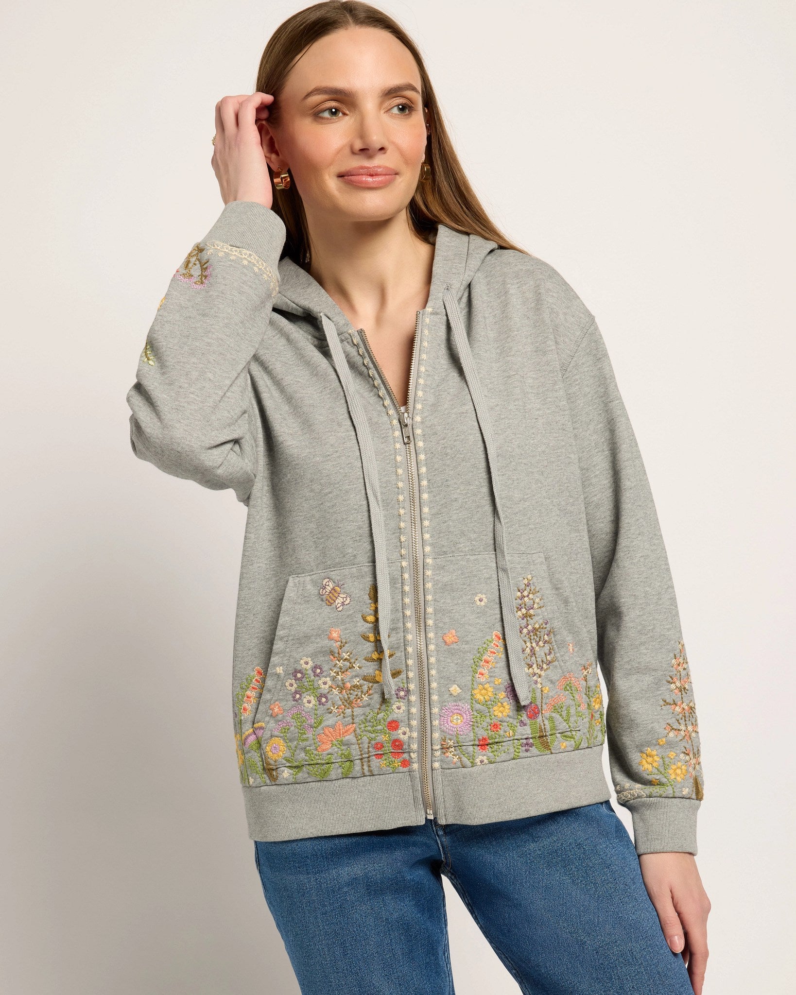 Flower Fields $|& Driftwood Hallie Full Zip Embroidered Sweatshirt - SOF Front