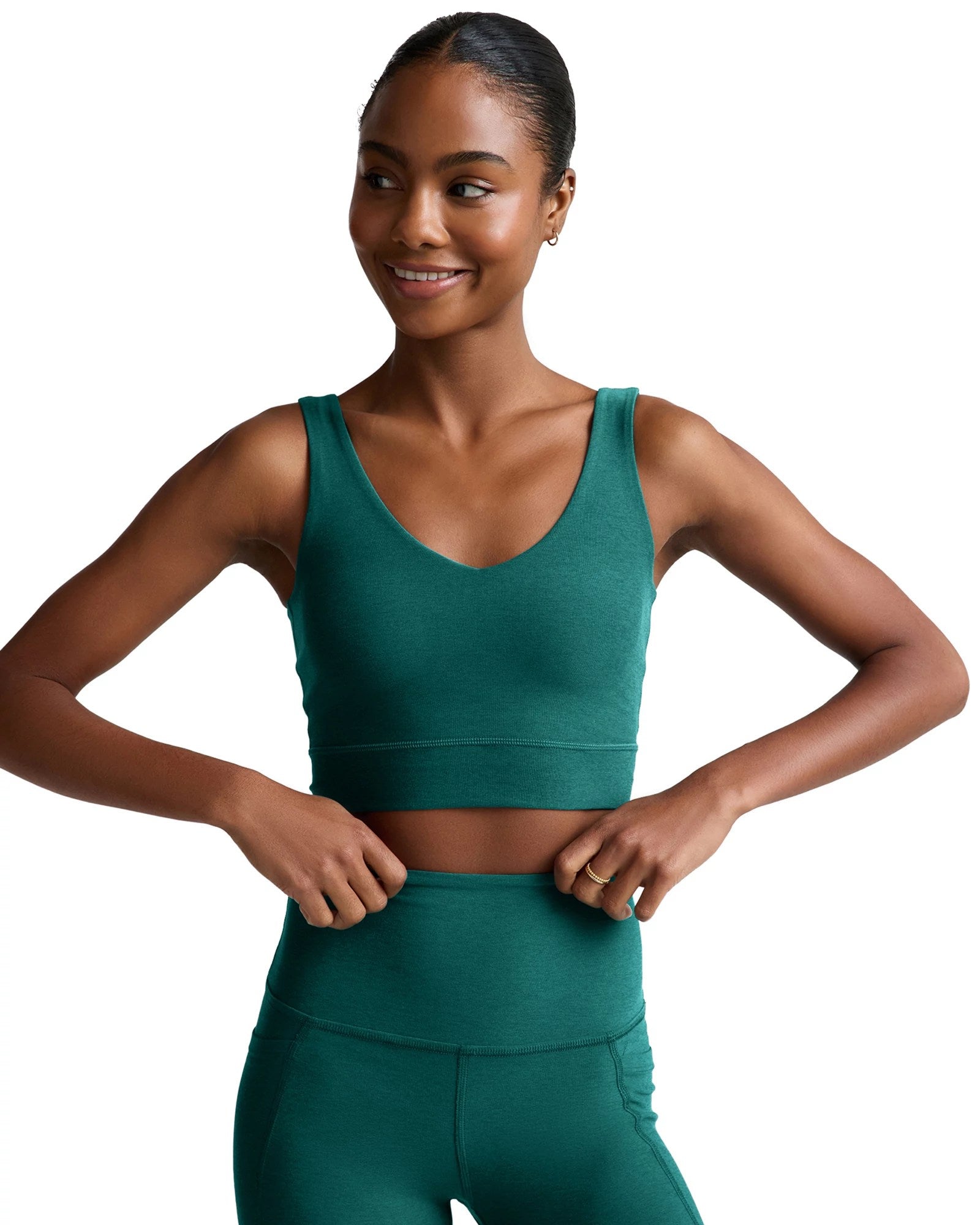 Teal Sea Heather $|& Beyond Yoga Spacedye Good Day Long Line Bra - VOF Detail