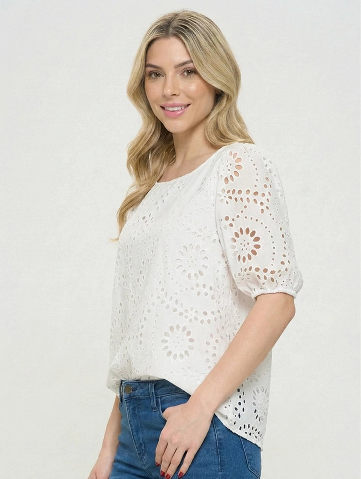 White $|& West Kei Eyelet Short Sleeve Woven Top - Hanger Front