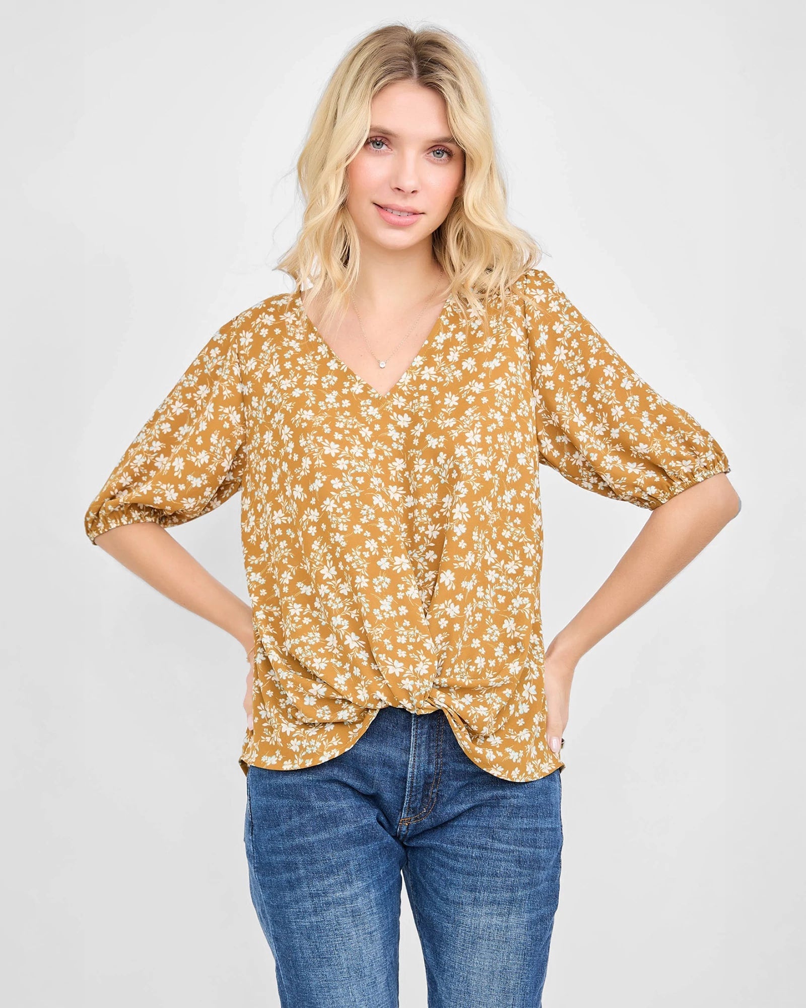 Mustard Brown Ditsy $|& West Kei Floral Woven Short Sleeve Twist Front Top - VOF Detail