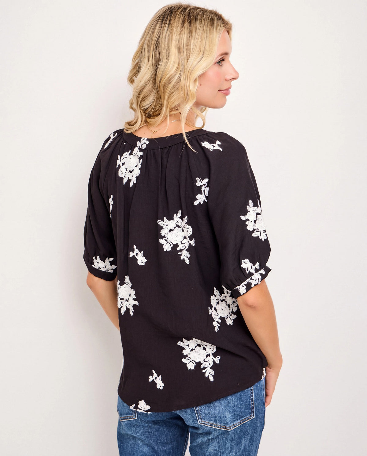 Black/White $|& West Kei Embroidered Woven Short Sleeve Blouse - Hanger Side