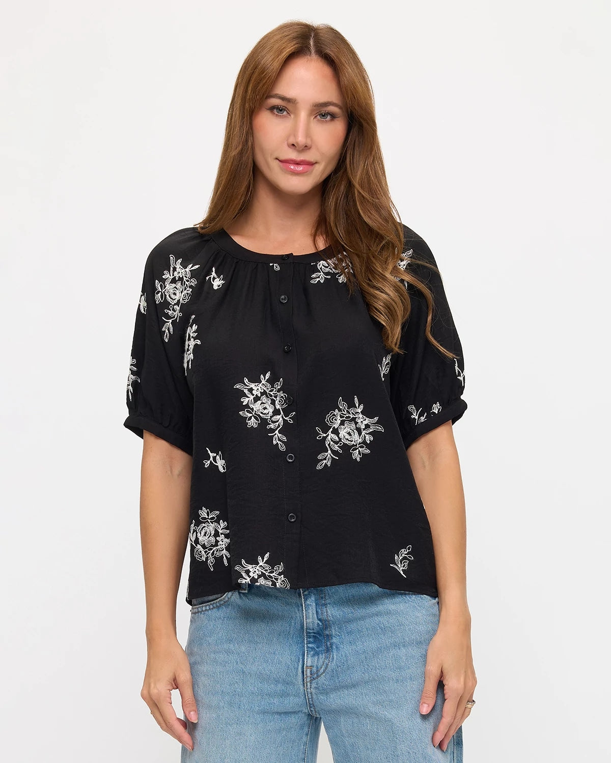 Black/White $|& West Kei Embroidered Woven Short Sleeve Blouse - VOF Detail