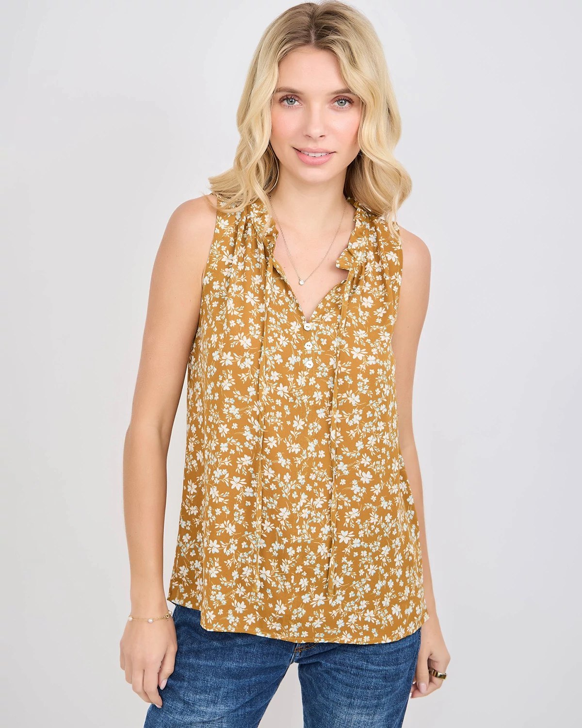 Mustard Brown Ditsy $|& West Kei Sleeveless Floral Woven Top with Neck Tie - VOF Detail