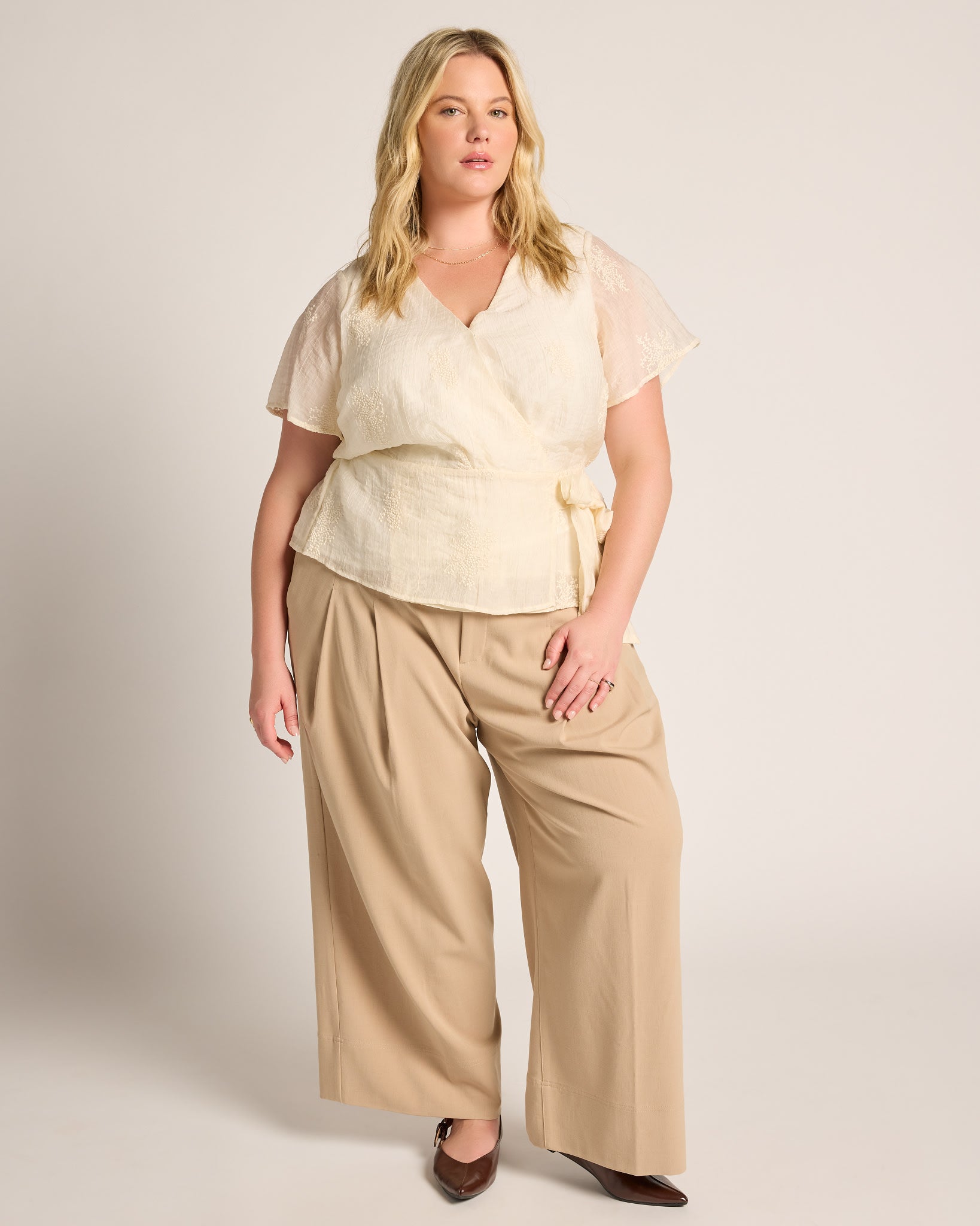 Cream $|& Liverpool Short Sleeve Wrap Front Woven Top - UGC On Fig
