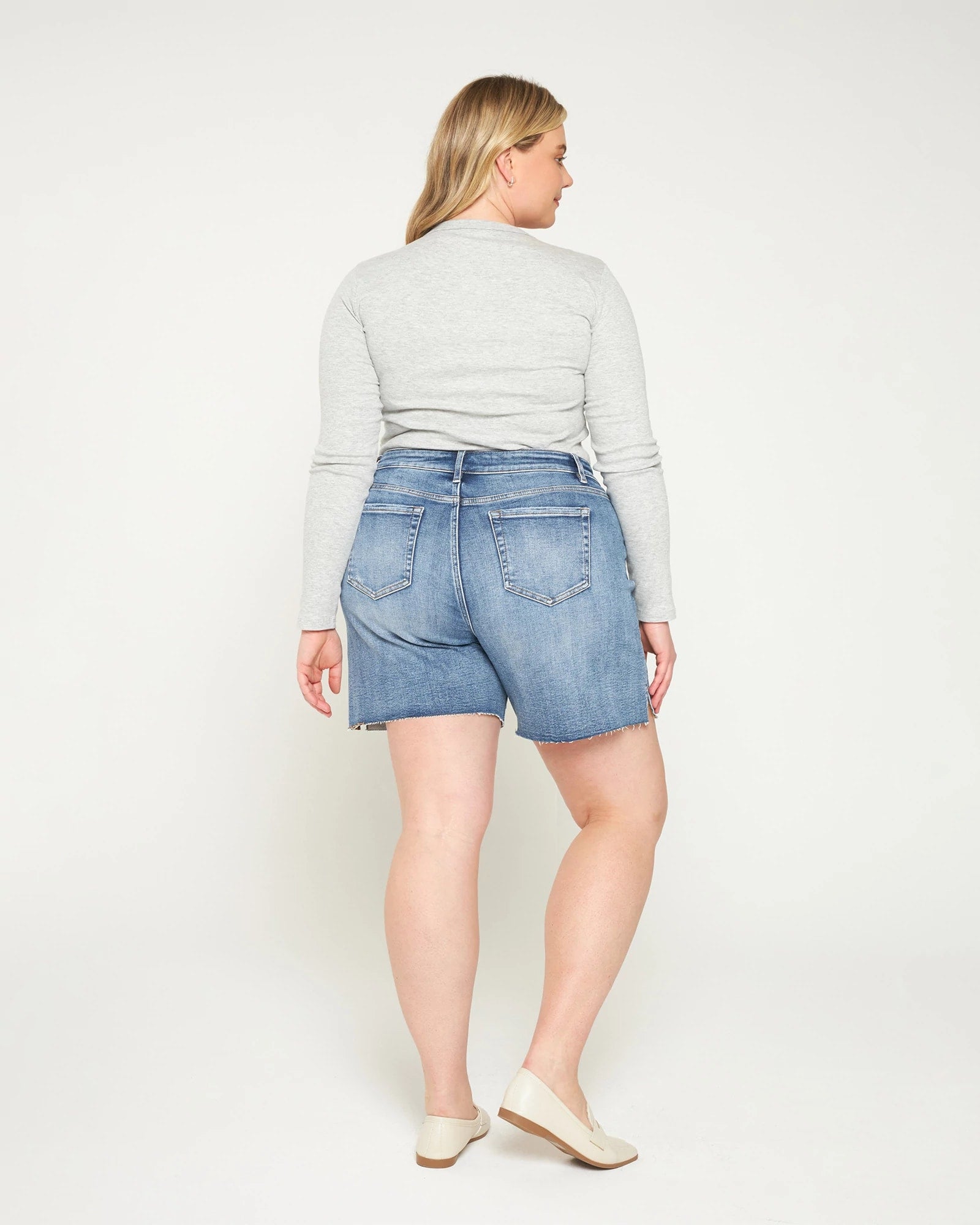 Vintage Blue $|& Mica Denim High Rise Raw Hem Denim Shorts - Hanger Side
