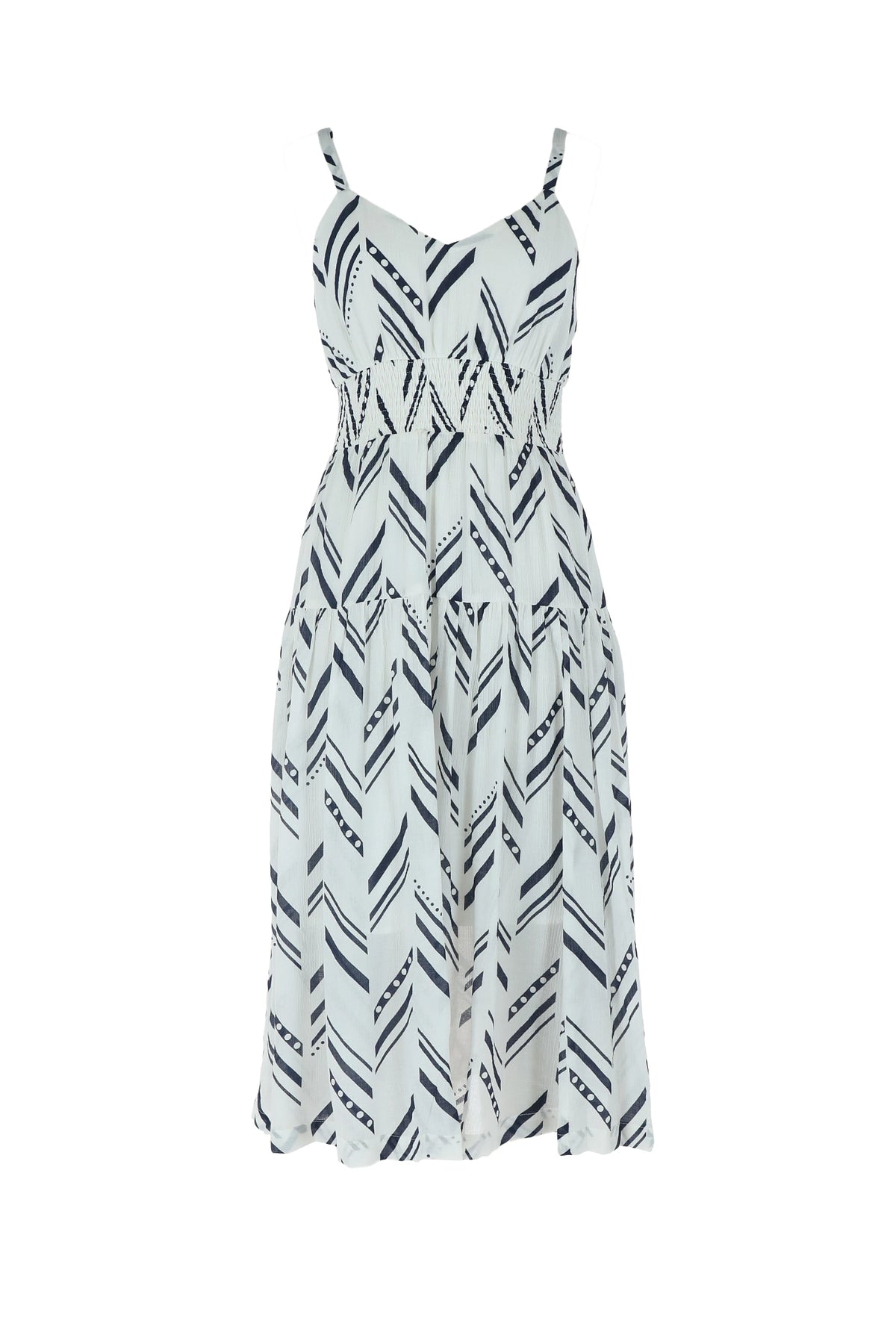 White-Navy $|& Skies Are Blue Print Midi Dress - VOF Detail