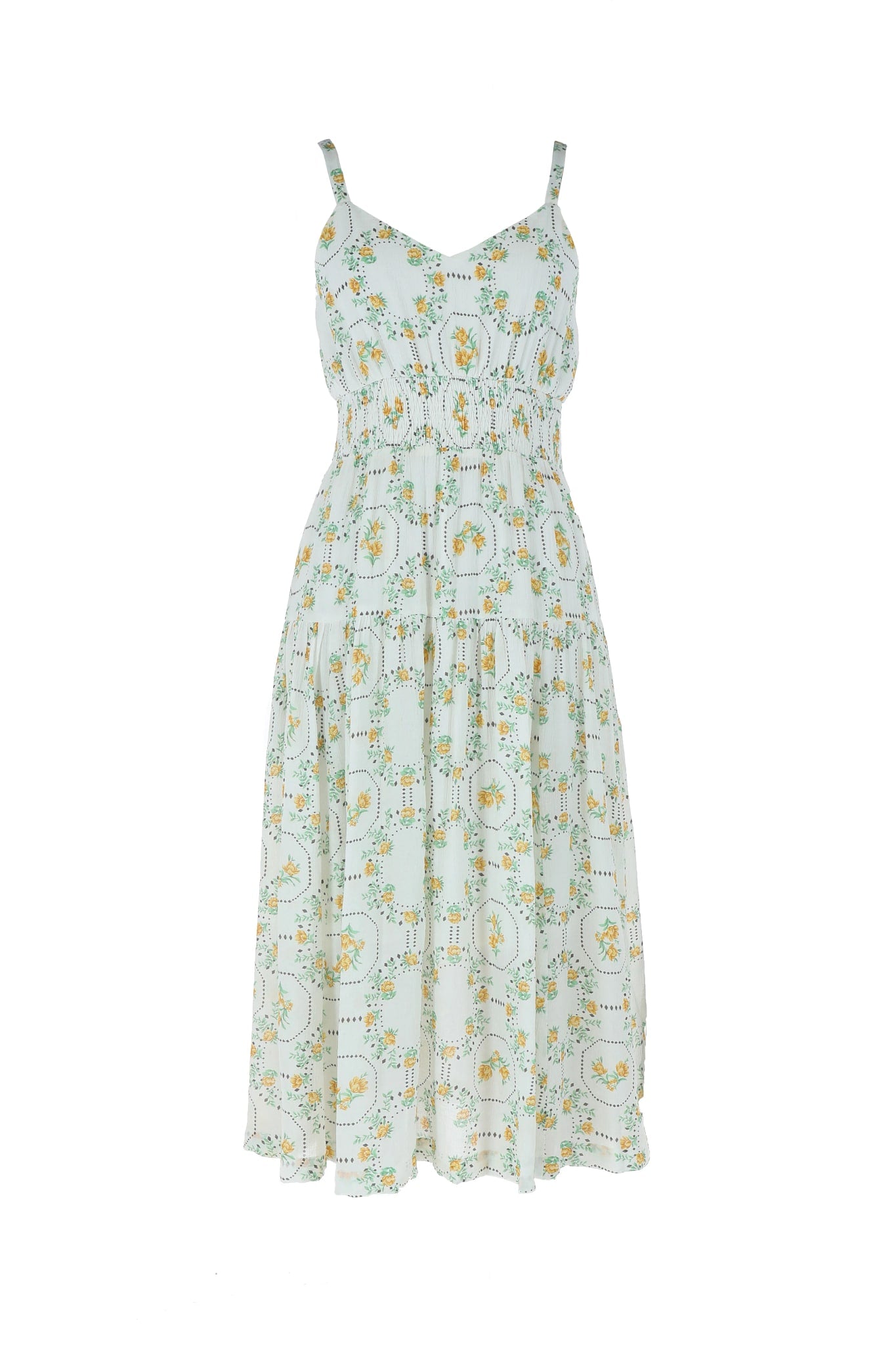 Yellow Green $|& Skies Are Blue Print Midi Dress - VOF Detail