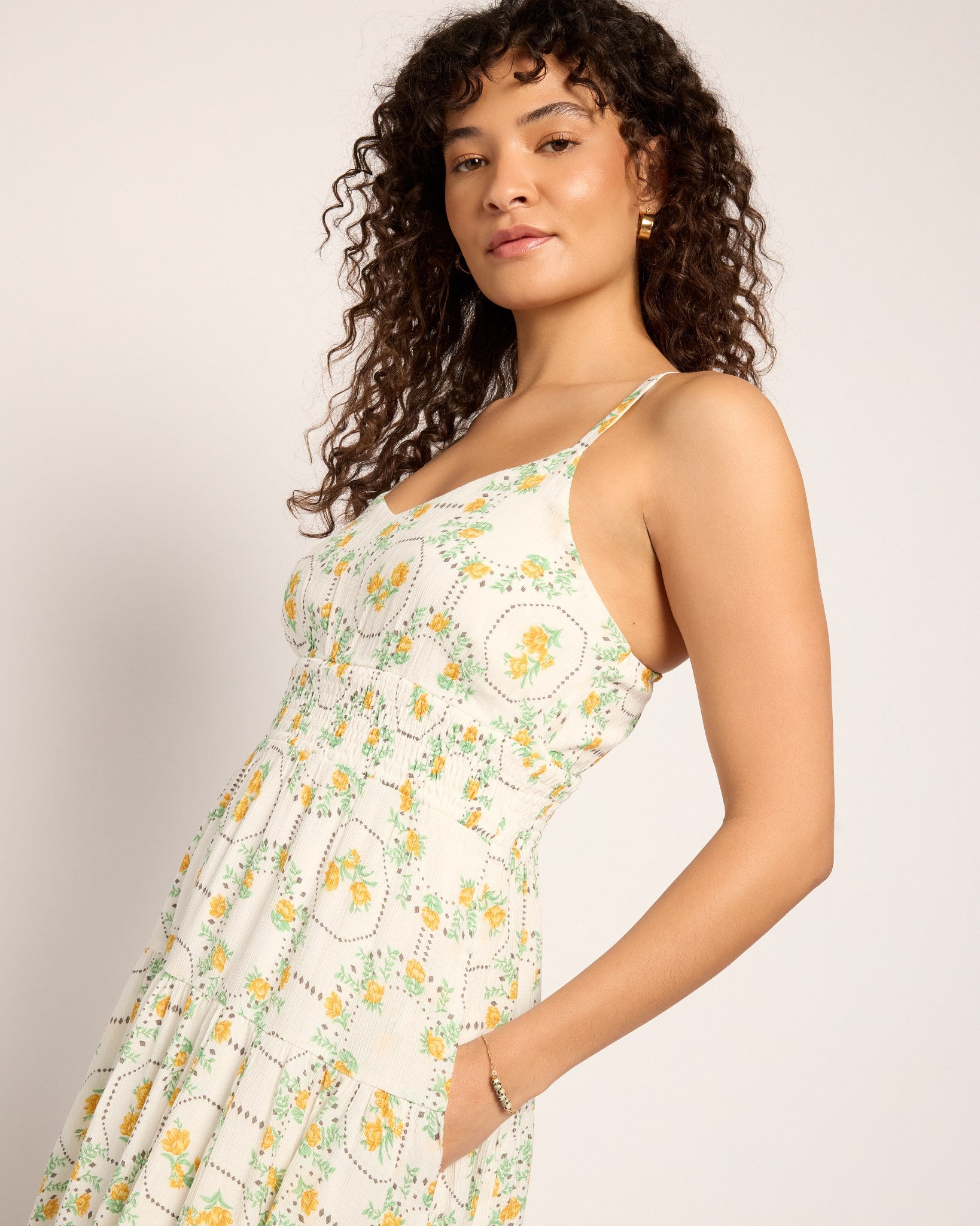 Yellow Green $|& Skies Are Blue Print Midi Dress - SOF Front