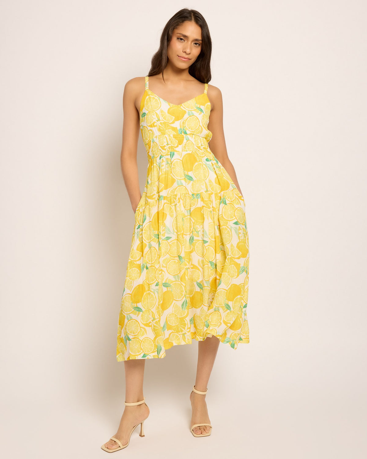White-Yellow $|& Skies Are Blue Lemon Print Midi Dress - UGC On Fig