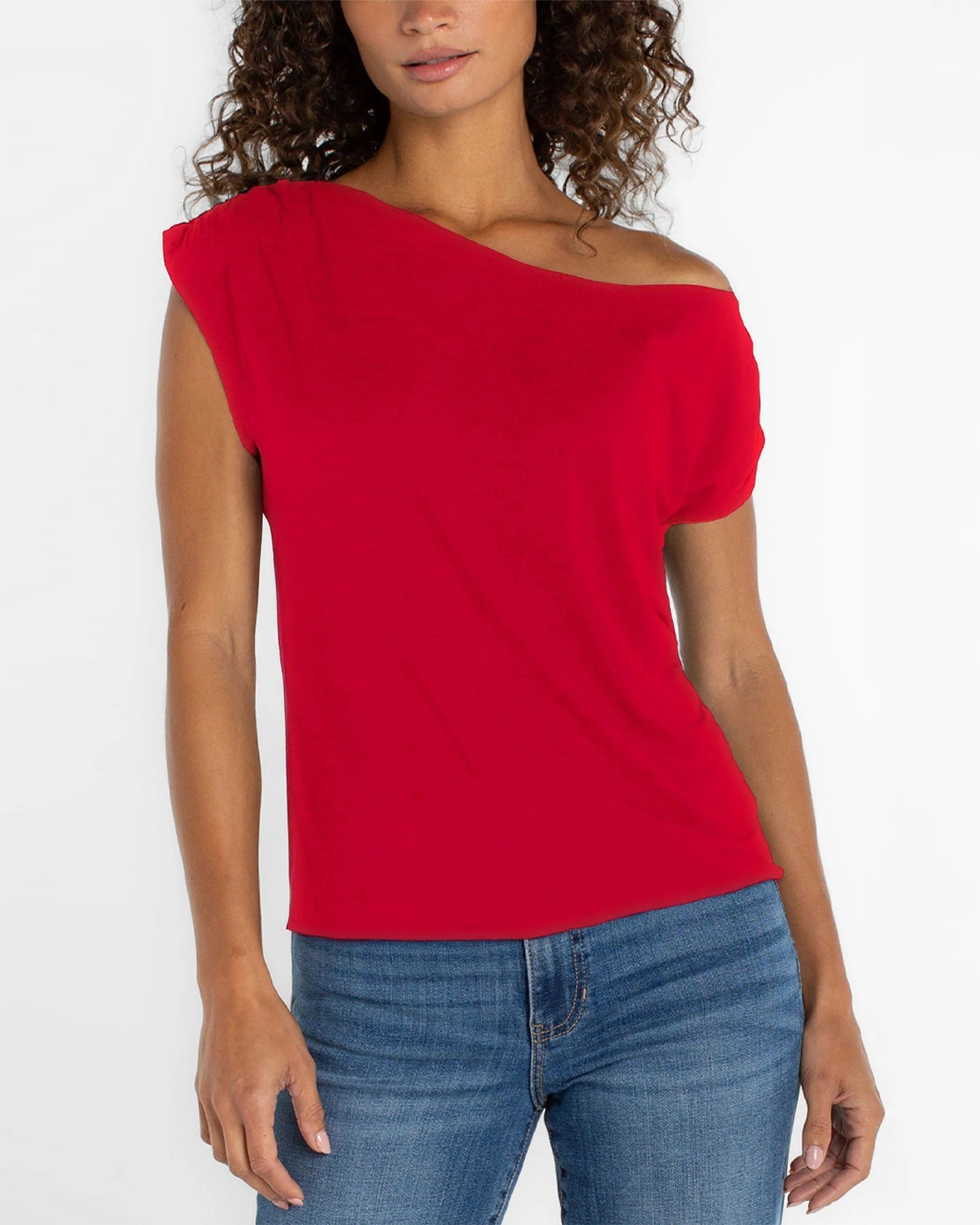 Cherry Rose $|& Liverpool Asymmetrical Off Shoulder Top Knit Top - VOF Detail