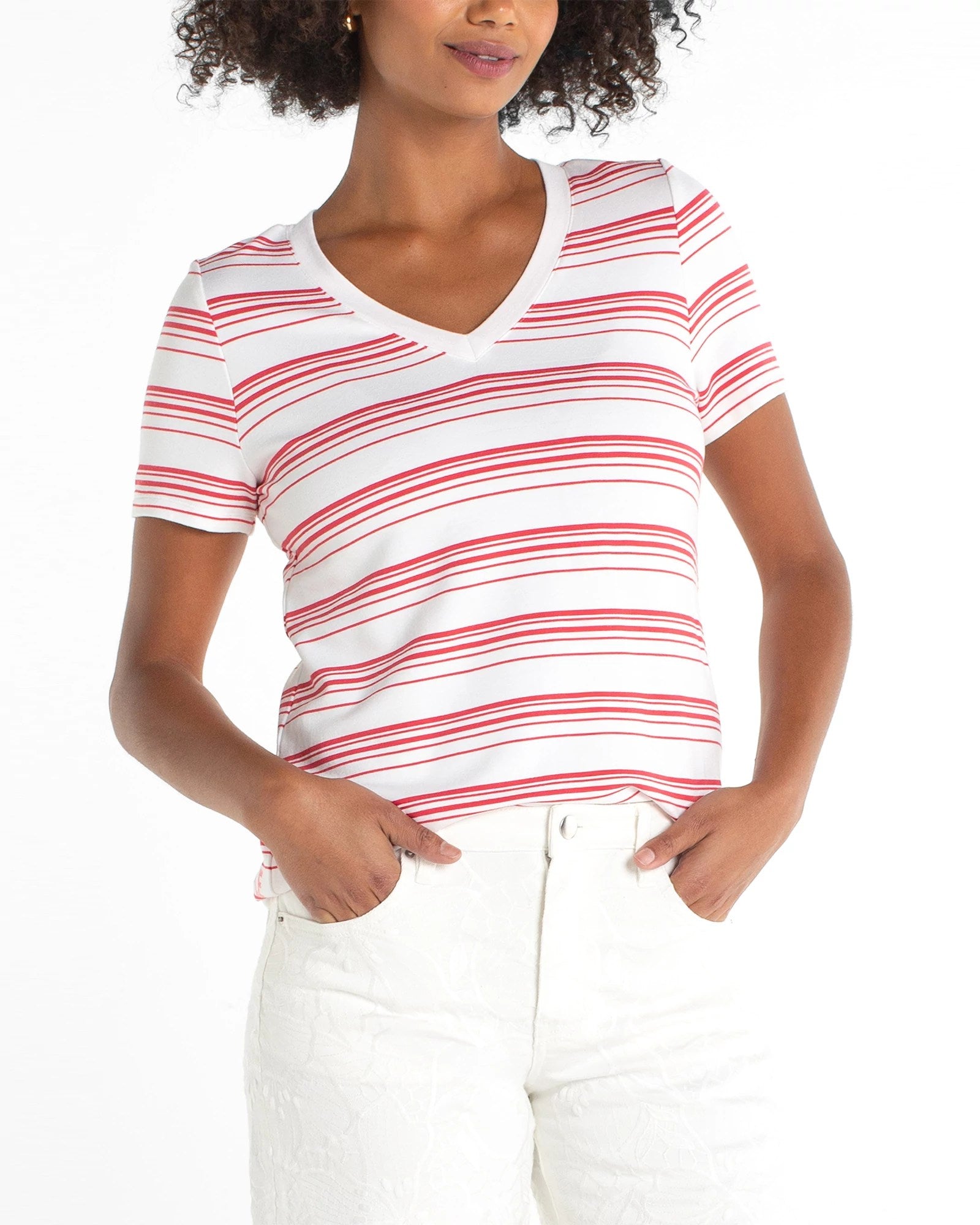 White Cherry Rose Stripe $|& Liverpool V-Neck Stripe Knit Tee - VOF Detail