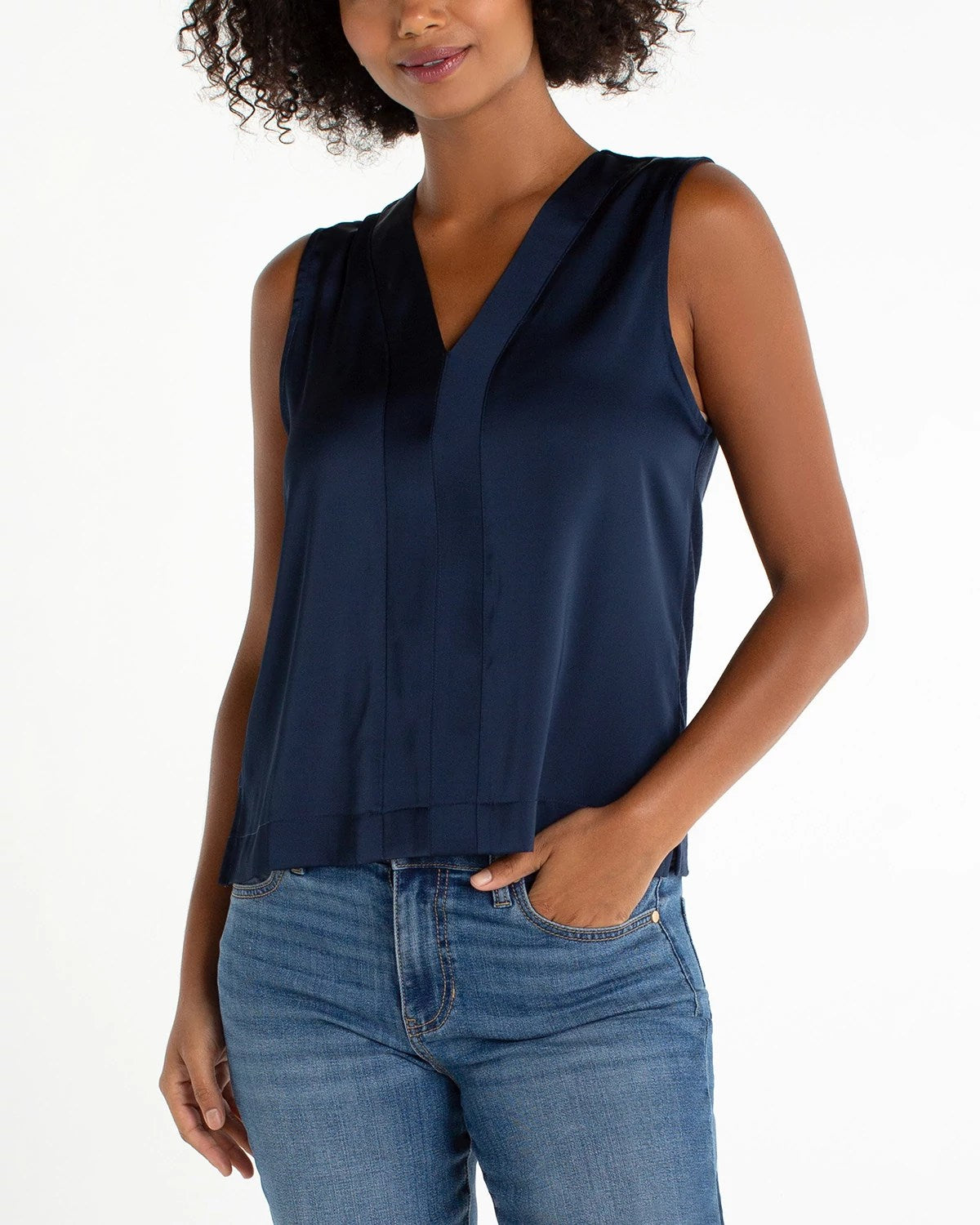 Dark Navy $|& Liverpool Sleeveless V-Neck Knit Back Top - VOF Detail