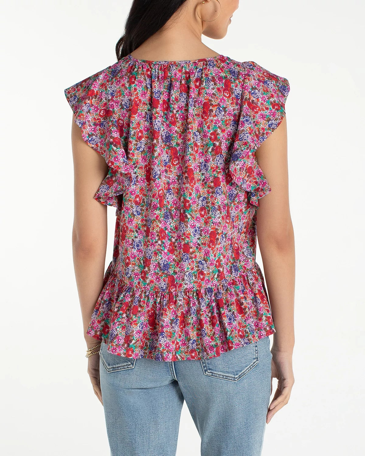 Pink Multi Floral $|& Liverpool Flutter Sleeve Peplum Top - Hanger Side