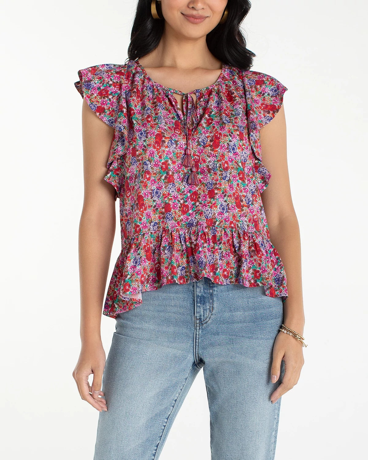 Pink Multi Floral $|& Liverpool Flutter Sleeve Peplum Top - VOF Detail