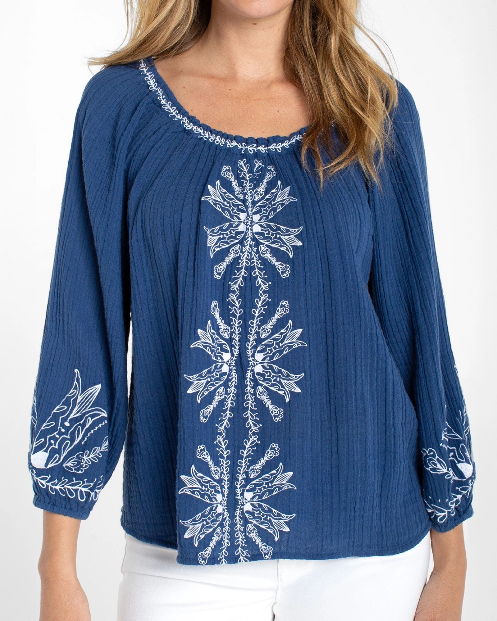 Liberty Blue $|& Liverpool Embroidered 3/4 Sleeve Woven Top - VOF Detail